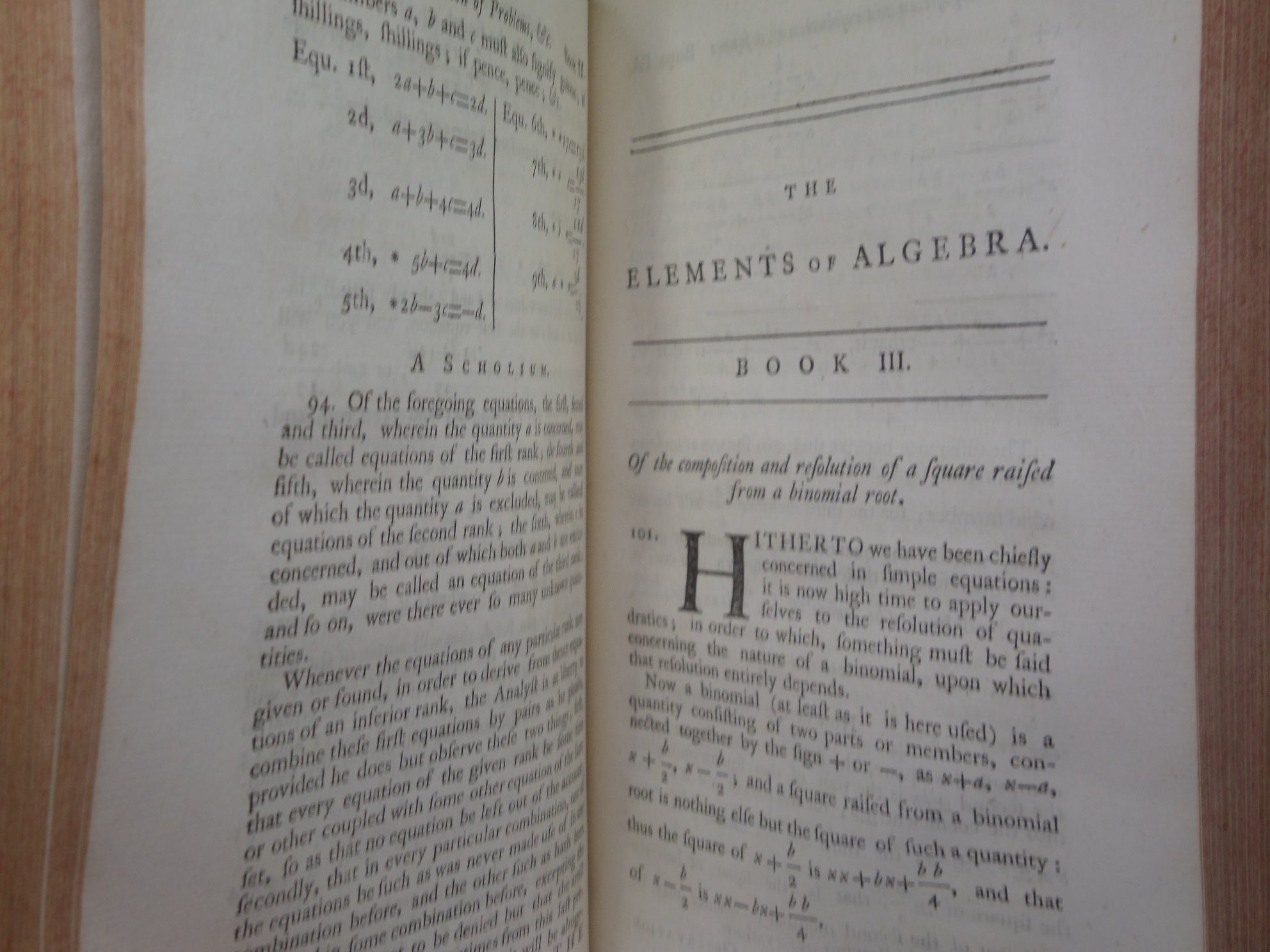 SELECT PARTS OF PROFESSOR SAUNDERSON'S ELEMENTS OF ALGEBRA 1756 FIRST EDITION