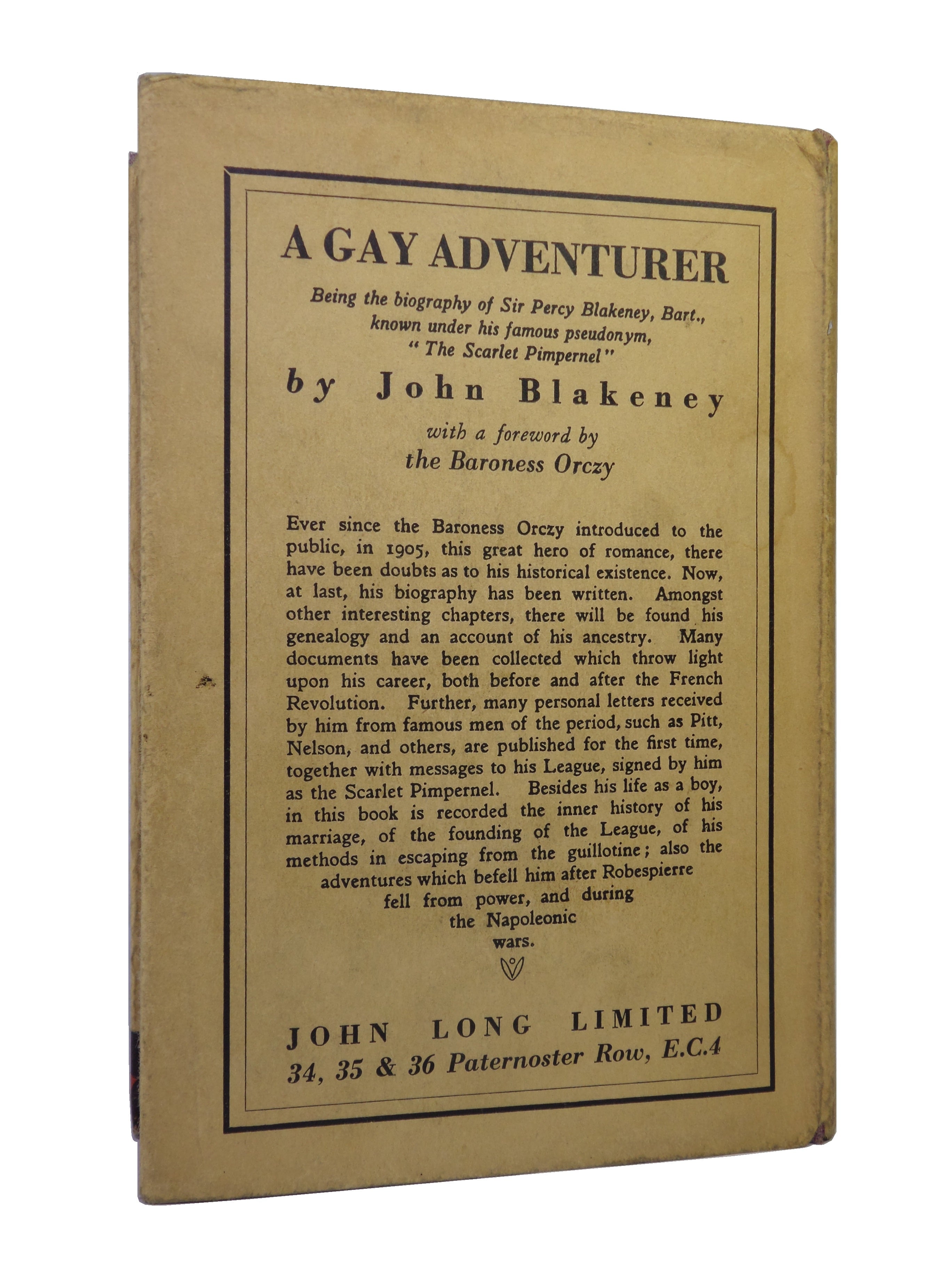 A GAY ADVENTURER [THE SCARLET PIMPERNEL] BY JOHN BLAKENEY 1935 FIRST EDITION