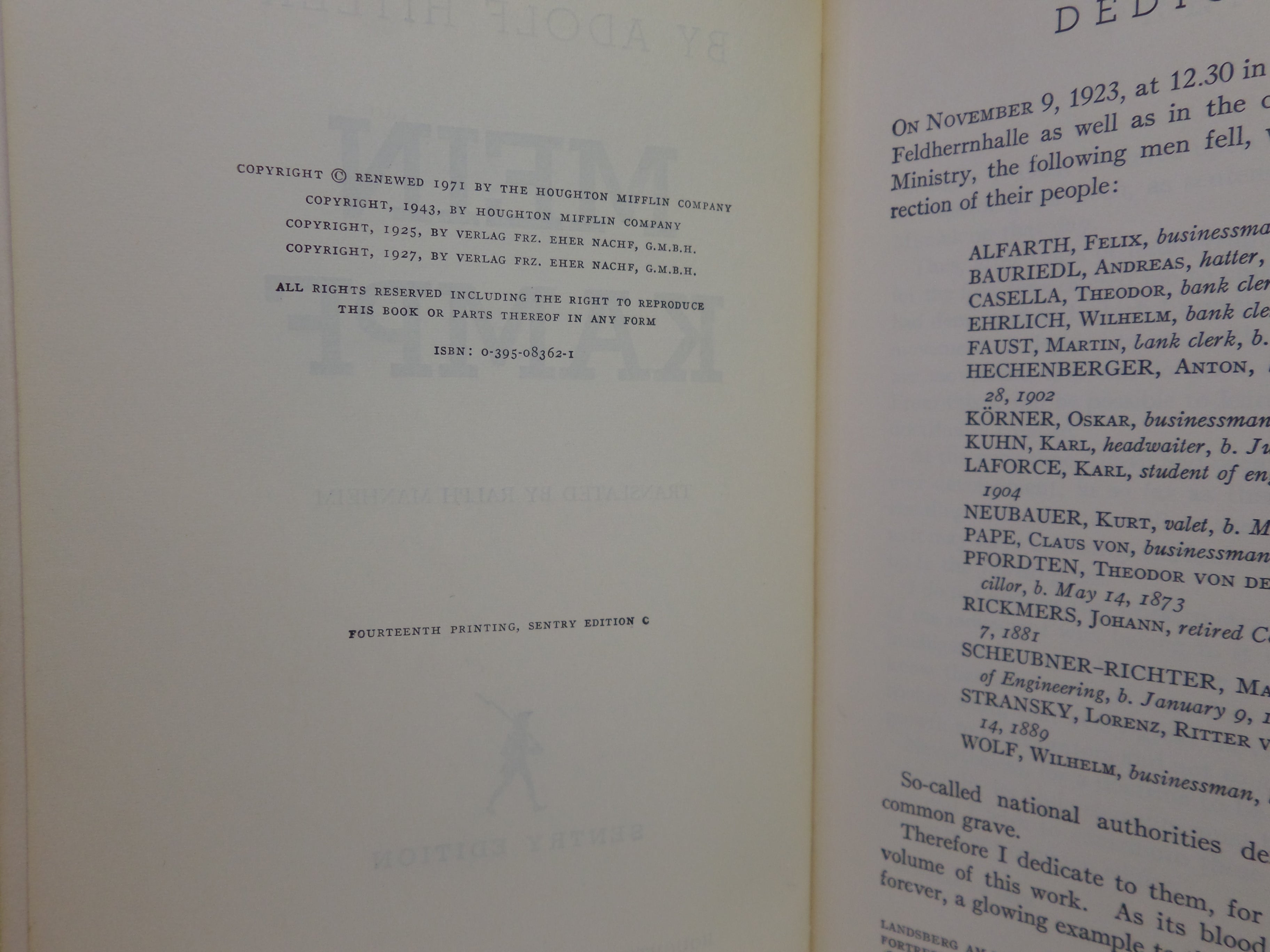 MEIN KAMPF BY ADOLF HITLER 1971 PAPERBACK SENTRY EDITION