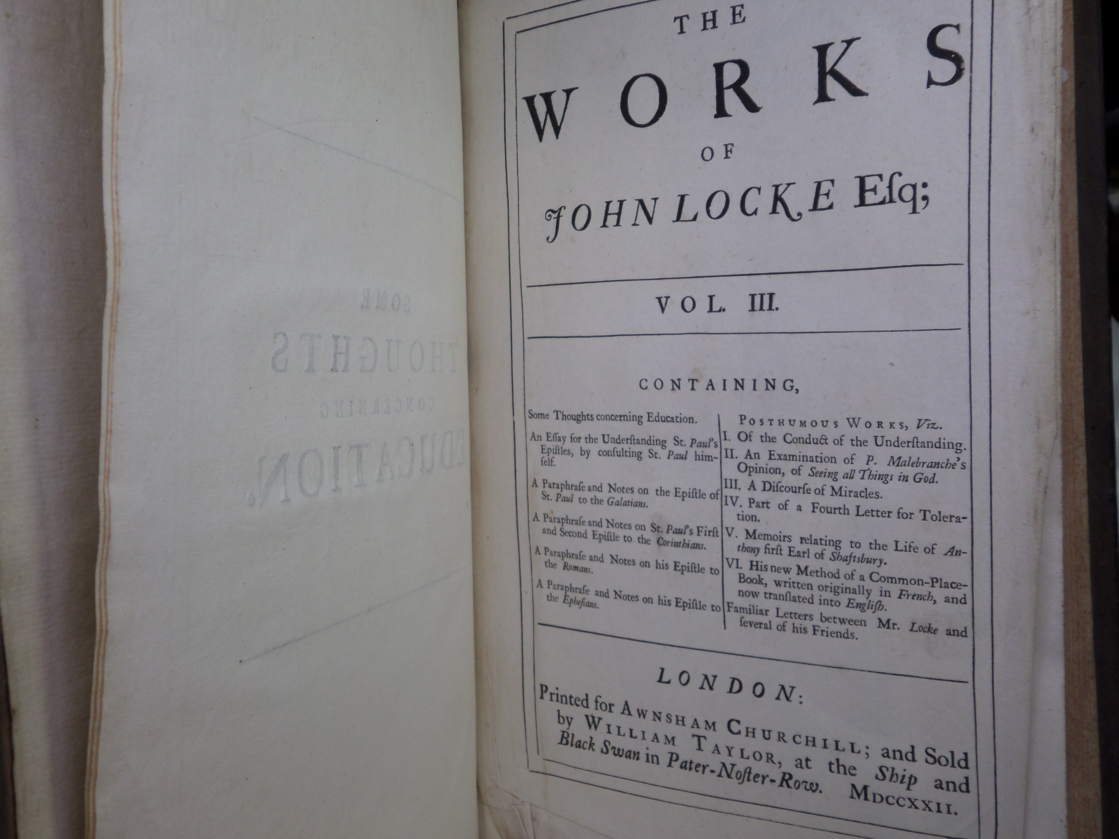 THE WORKS OF JOHN LOCKE 1722 SECOND EDITION IN THREE VOLUMES