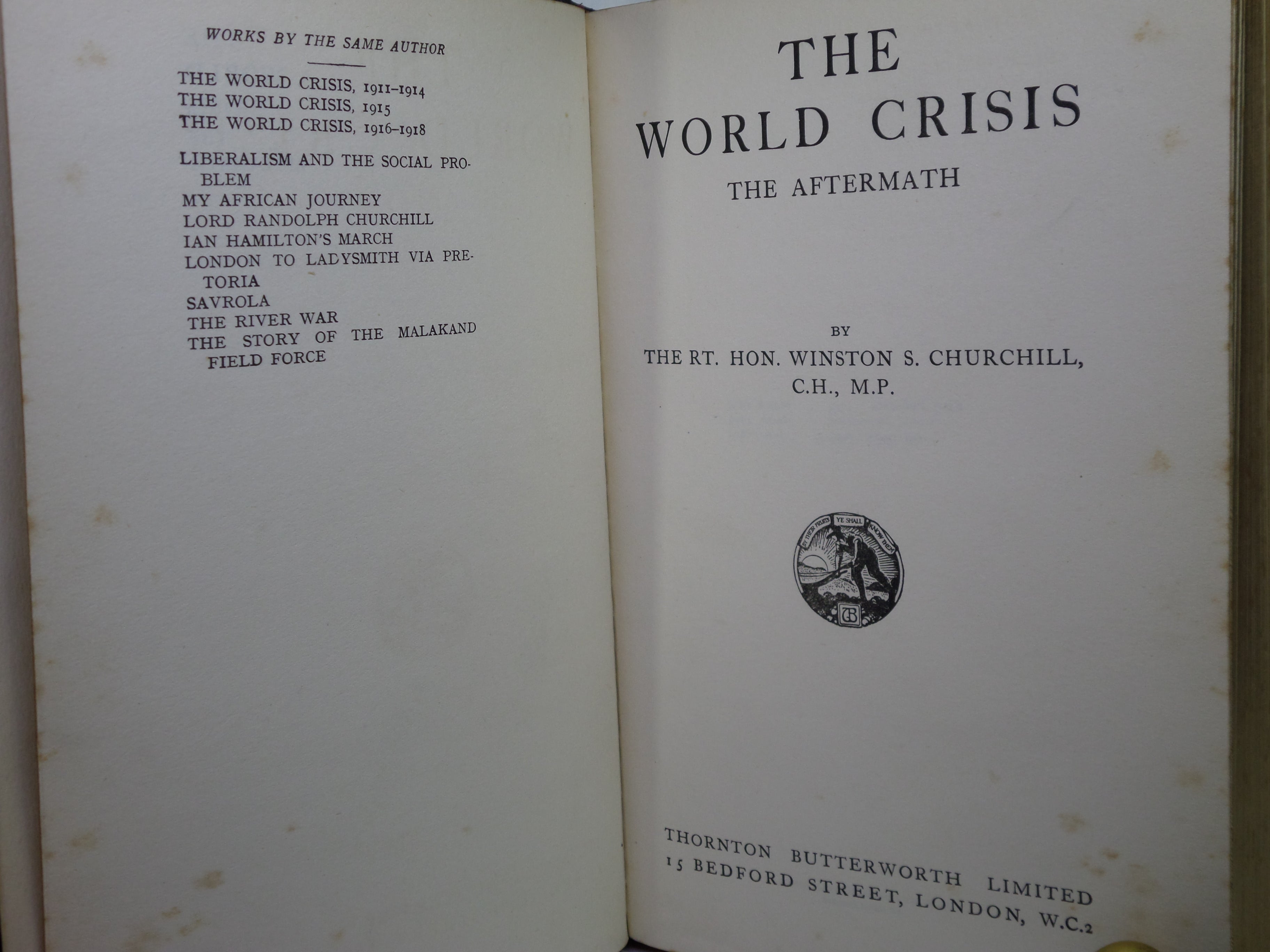 THE WORLD CRISIS: THE AFTERMATH BY WINSTON S. CHURCHILL 1929 LEATHER BINDING