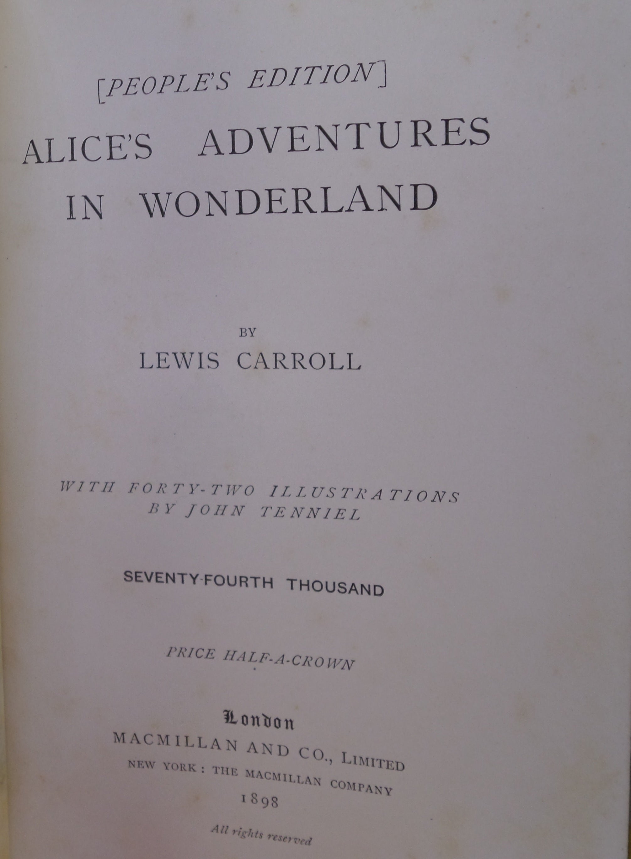 ALICE'S ADVENTURES IN WONDERLAND BY LEWIS CARROLL 1898 PEOPLE'S EDITION