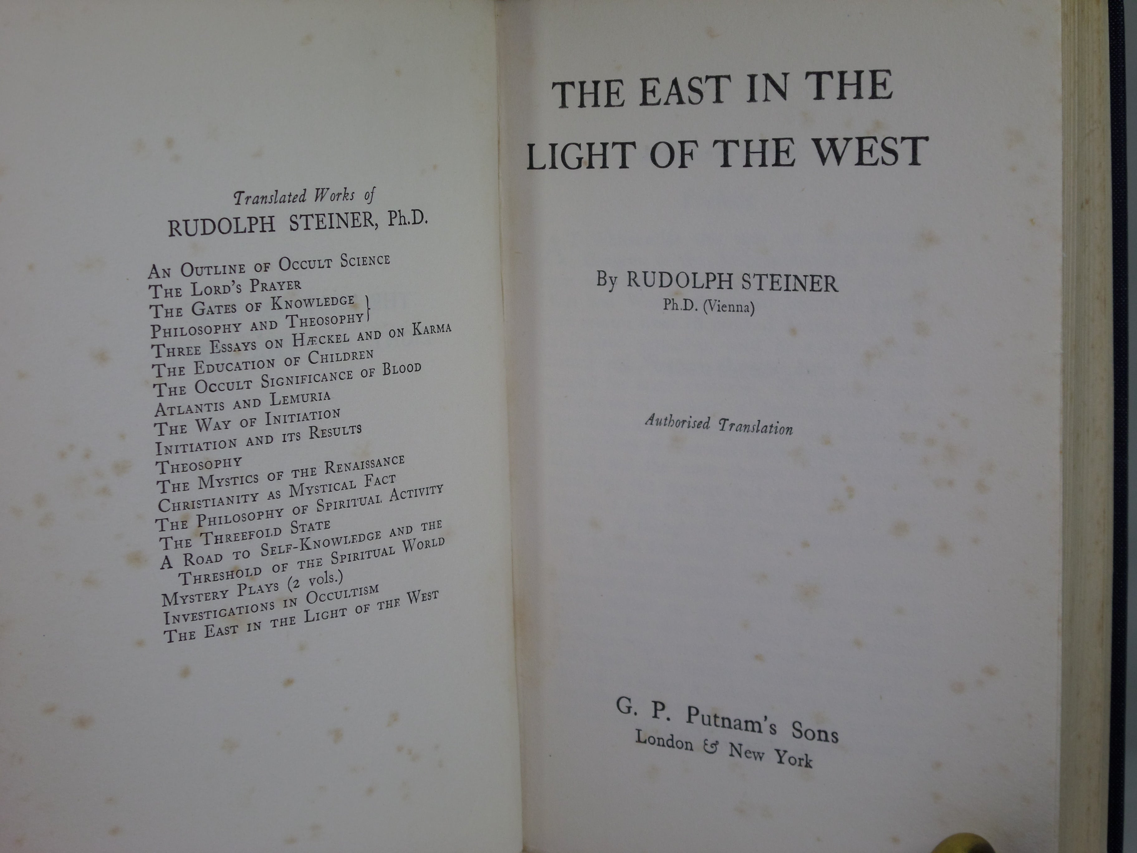 THE EAST IN THE LIGHT OF THE WEST BY RUDOLF STEINER 1922 FIRST EDITION