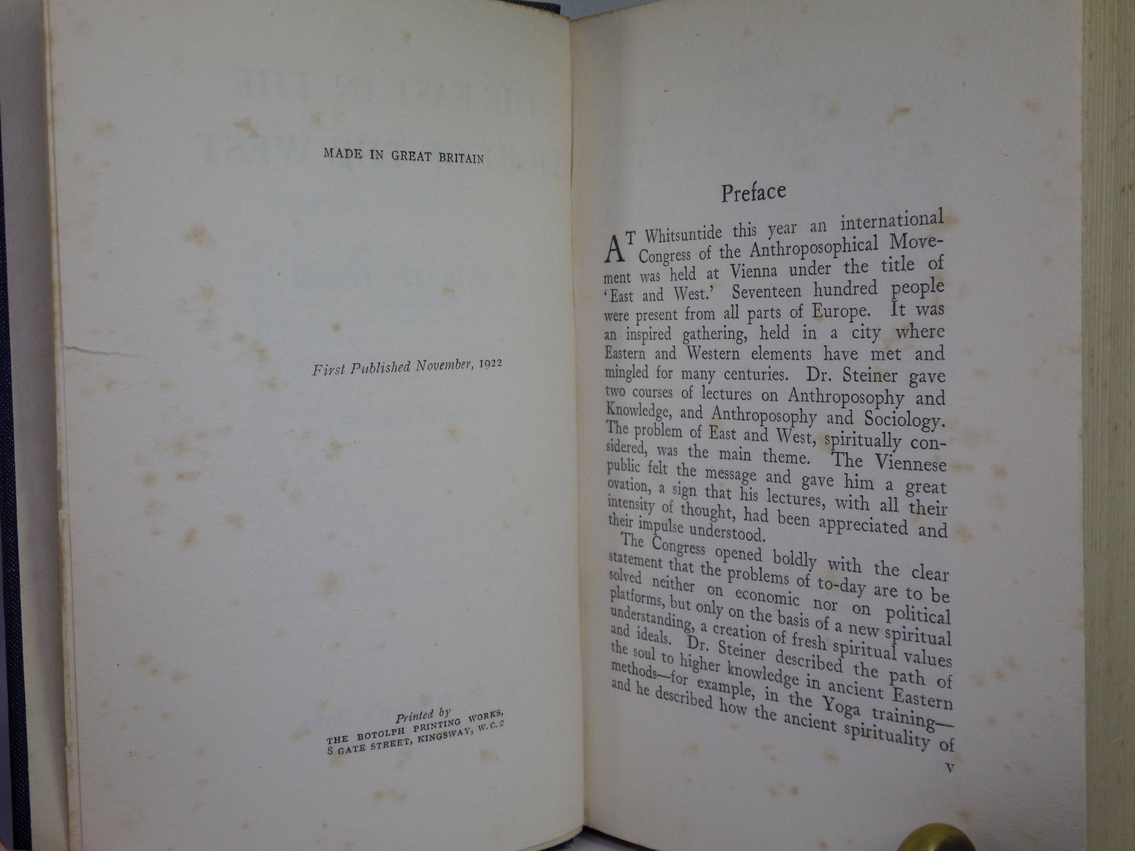 THE EAST IN THE LIGHT OF THE WEST BY RUDOLF STEINER 1922 FIRST EDITION