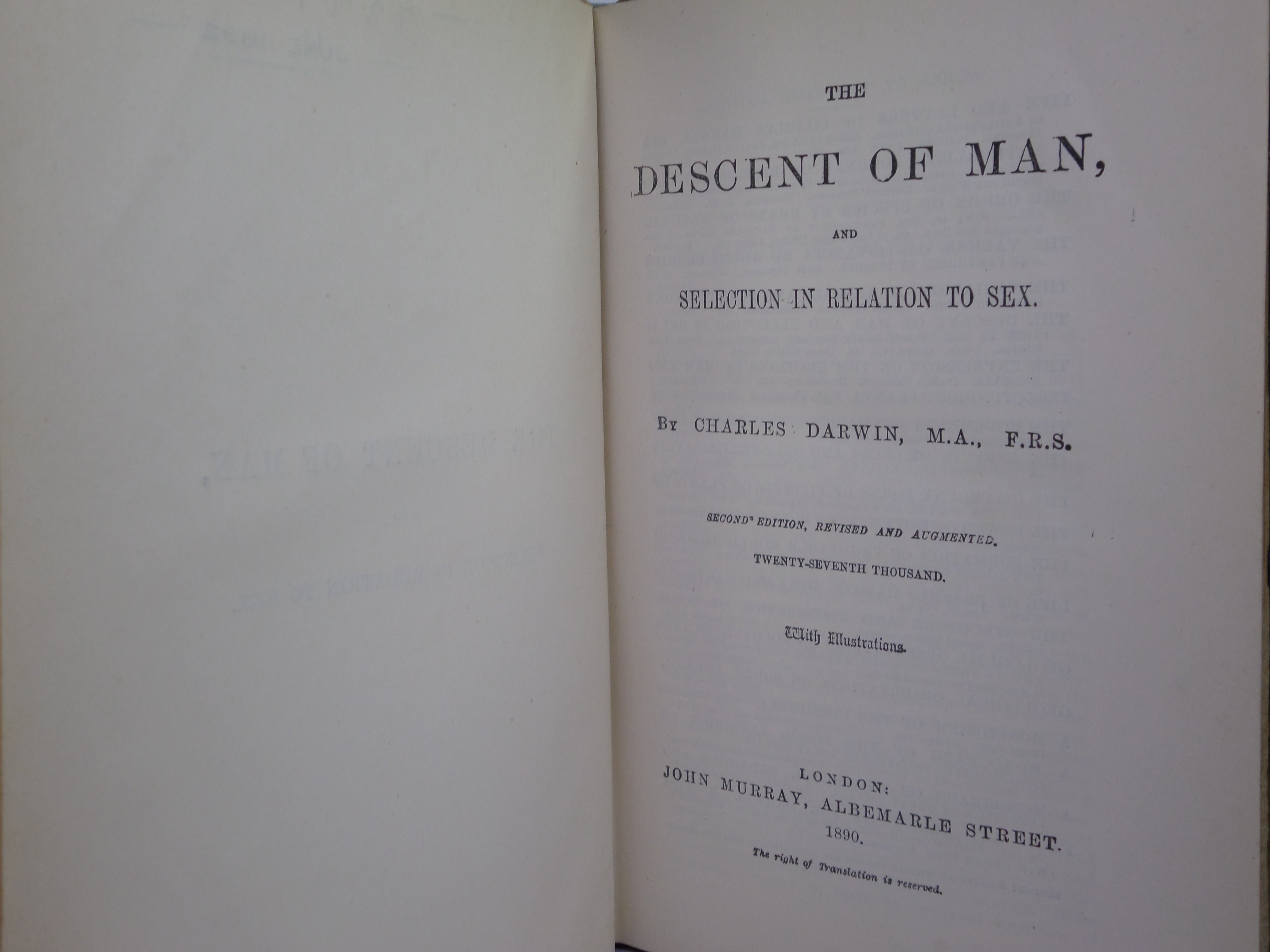 THE DESCENT OF MAN BY CHARLES DARWIN 1890