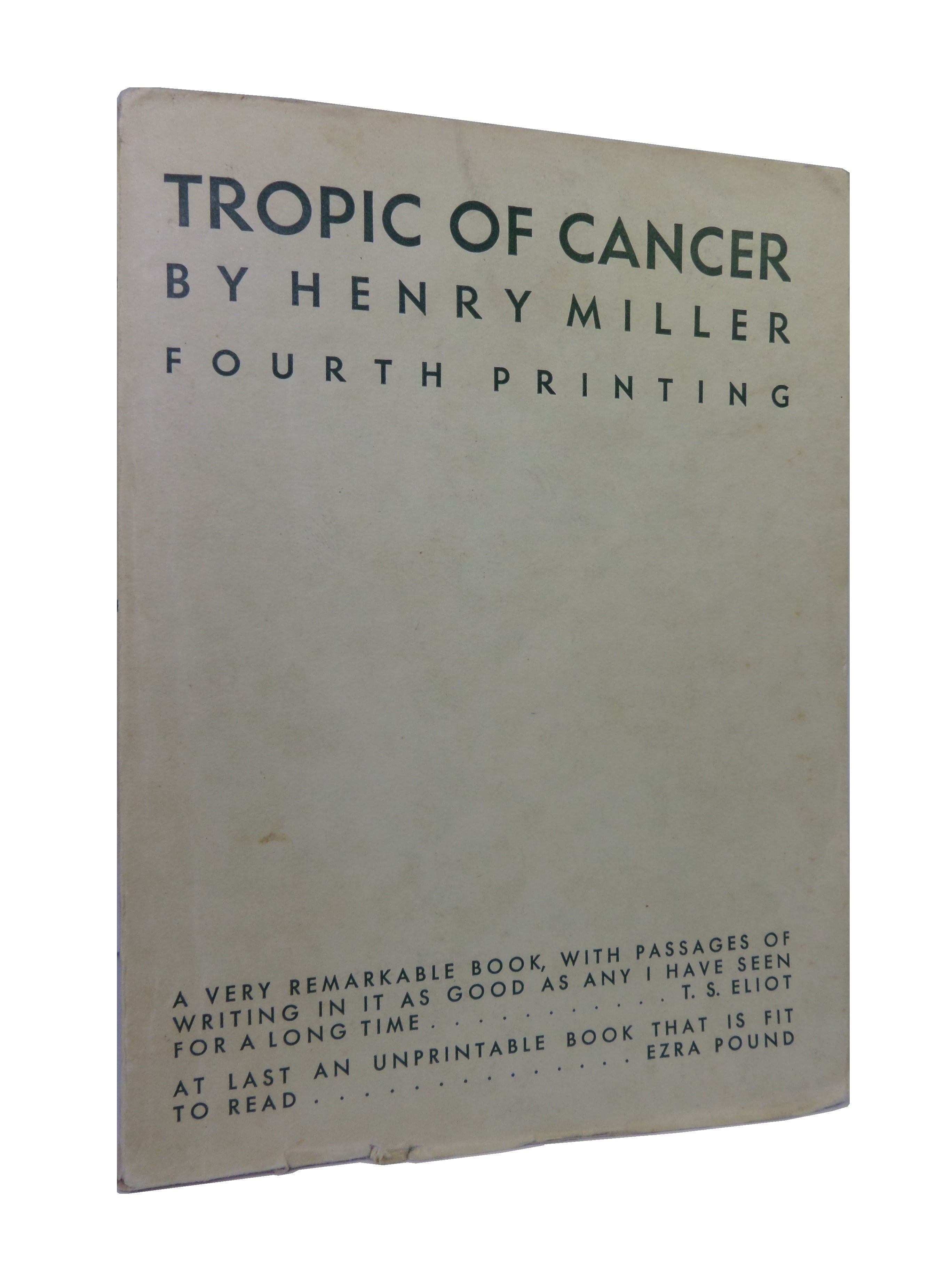 TROPIC OF CANCER BY HENRY MILLER 1938 FOURTH PRINTING