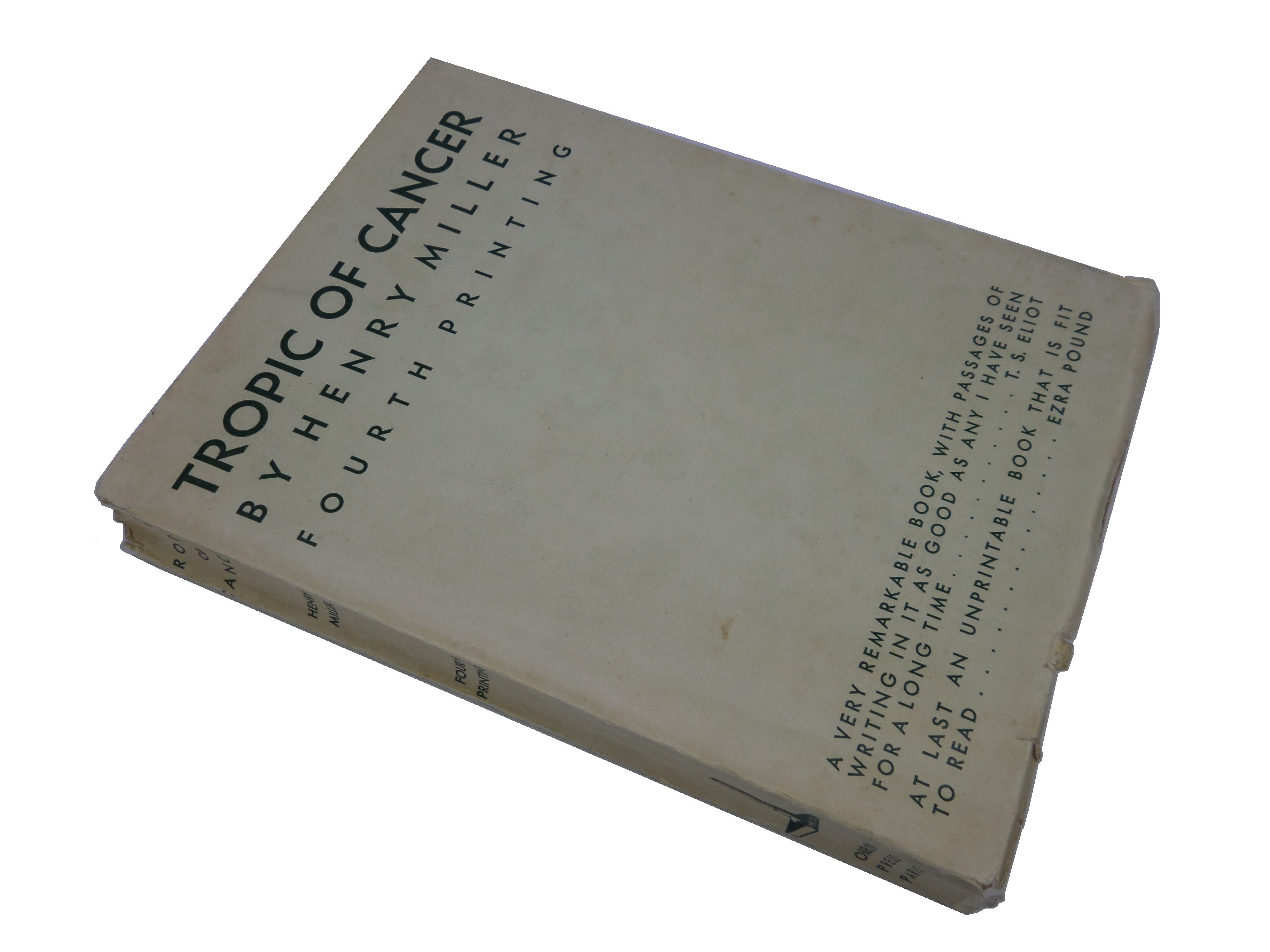 TROPIC OF CANCER BY HENRY MILLER 1938 FOURTH PRINTING