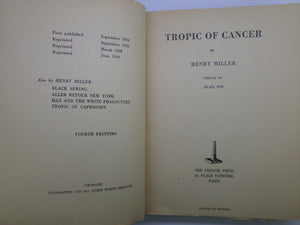 TROPIC OF CANCER BY HENRY MILLER 1938 FOURTH PRINTING