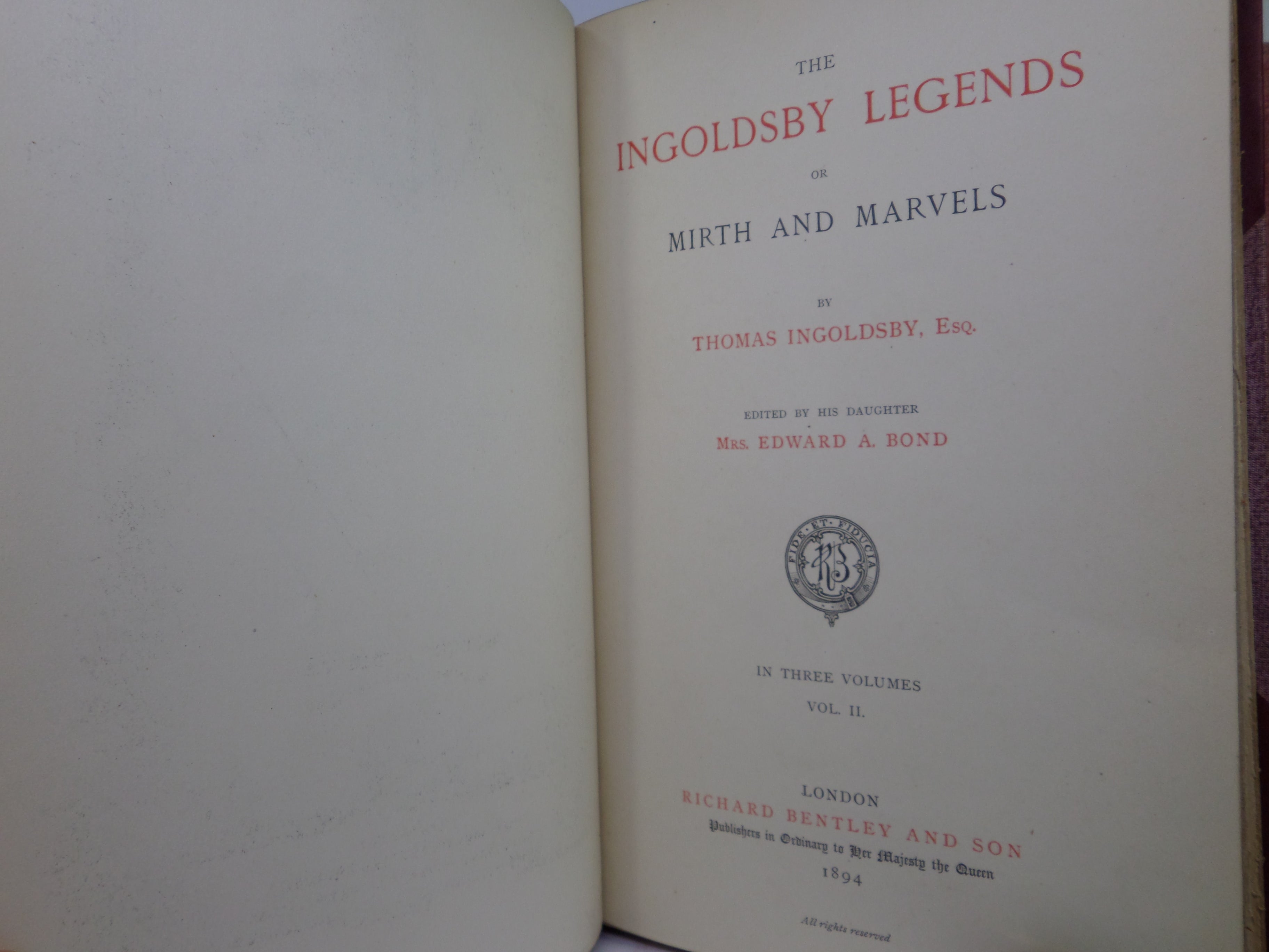 THE INGOLDSBY LEGENDS 1894 LEATHER BOUND BY DENNY IN THREE VOLUMES