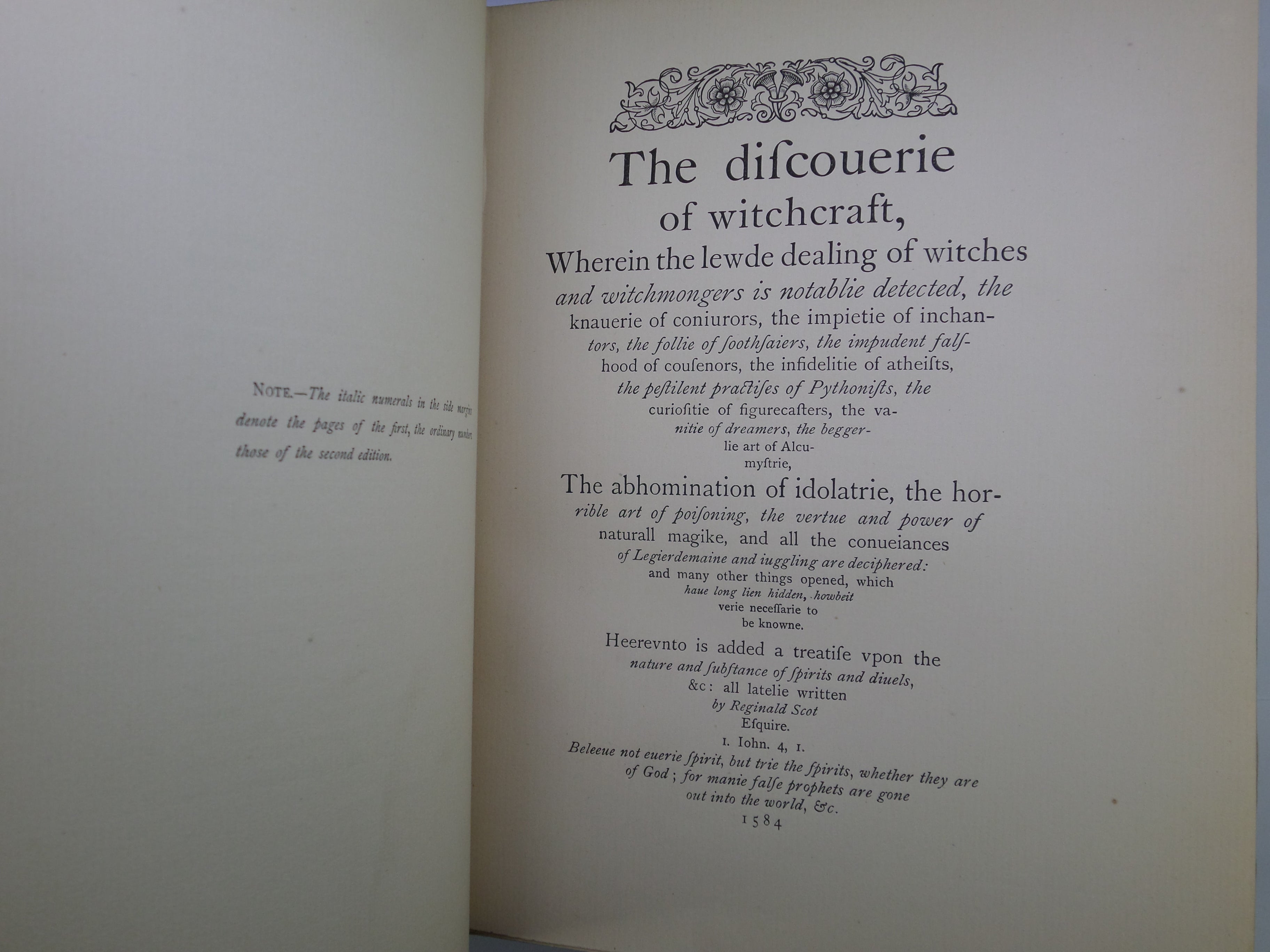 THE DISCOVERIE OF WITCHCRAFT BY REGINALD SCOT BEING A REPRINT OF THE FIRST EDITION, EDITED BY BRINSLEY NICHOLSON 1886 LEATHER-BOUND