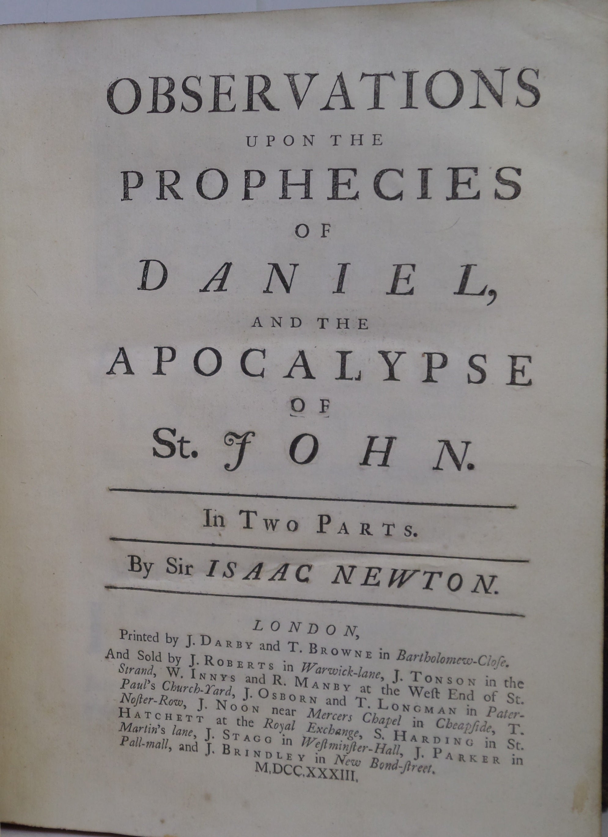 OBSERVATIONS UPON THE PROPHECIES OF DANIEL 1733 SIR ISAAC NEWTON FIRST EDITION