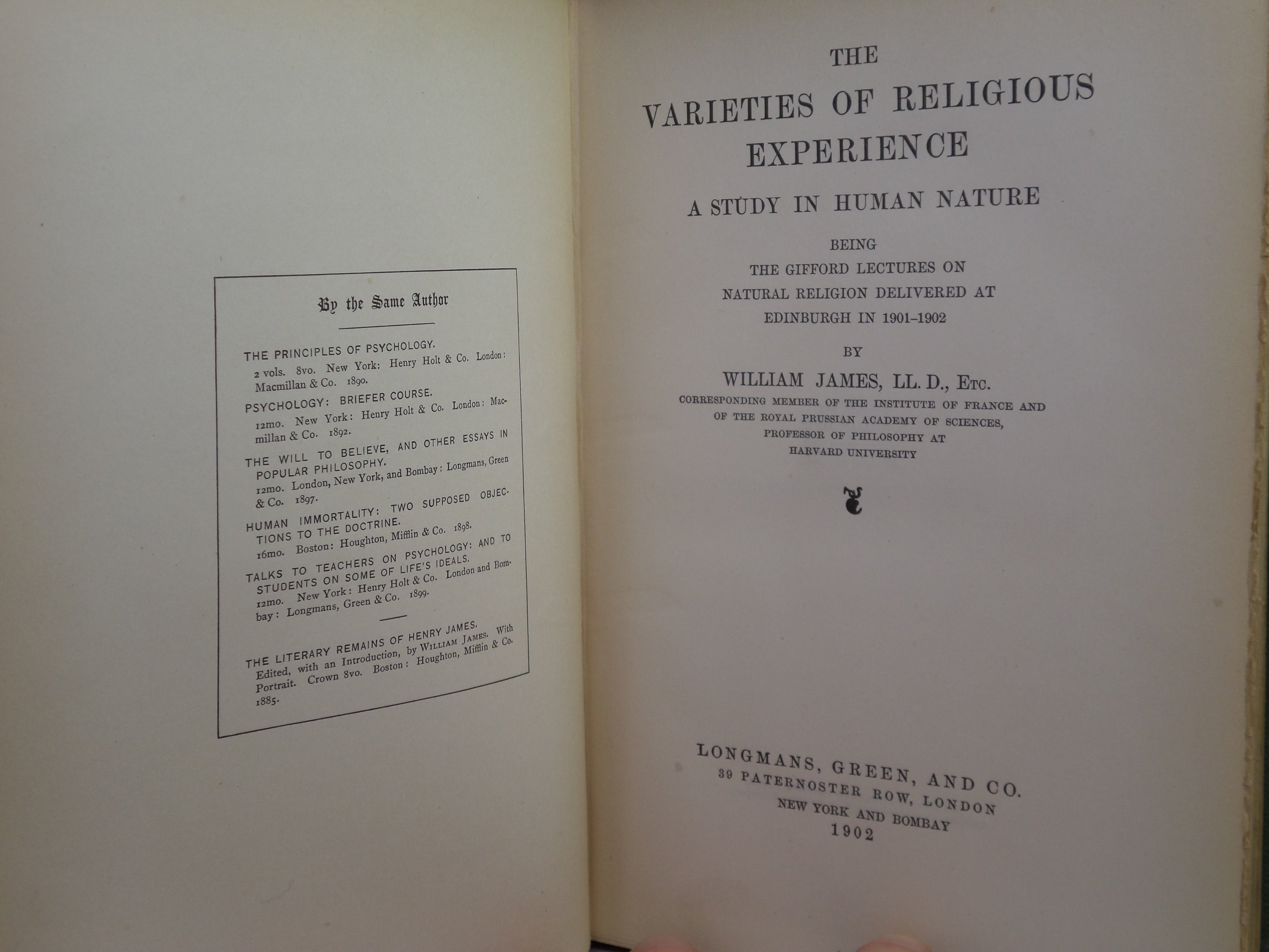 THE VARIETIES OF RELIGIOUS EXPERIENCE BY WILLIAM JAMES 1902 FIRST EDITION