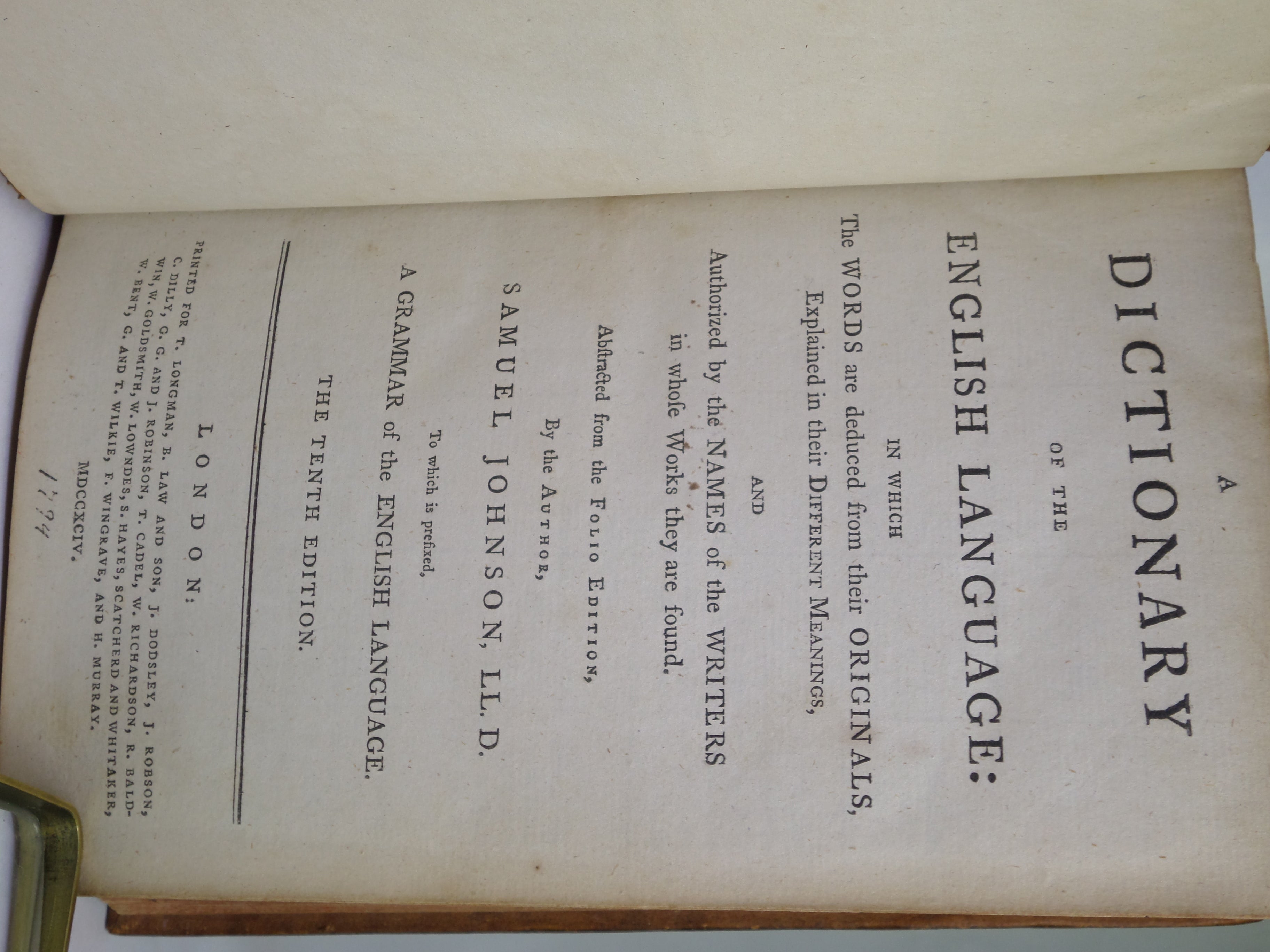 A DICTIONARY OF THE ENGLISH LANGUAGE BY SAMUEL JOHNSON 1794 LEATHER BOUND