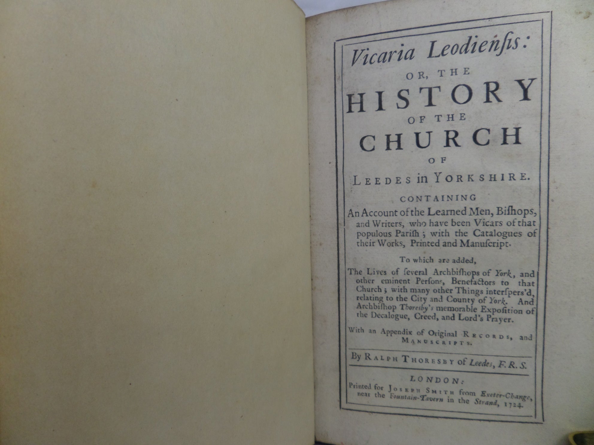 VICARIA LEODIENSIS: OR THE HISTORY OF THE CHURCH OF LEEDES IN YORKSHIRE 1724