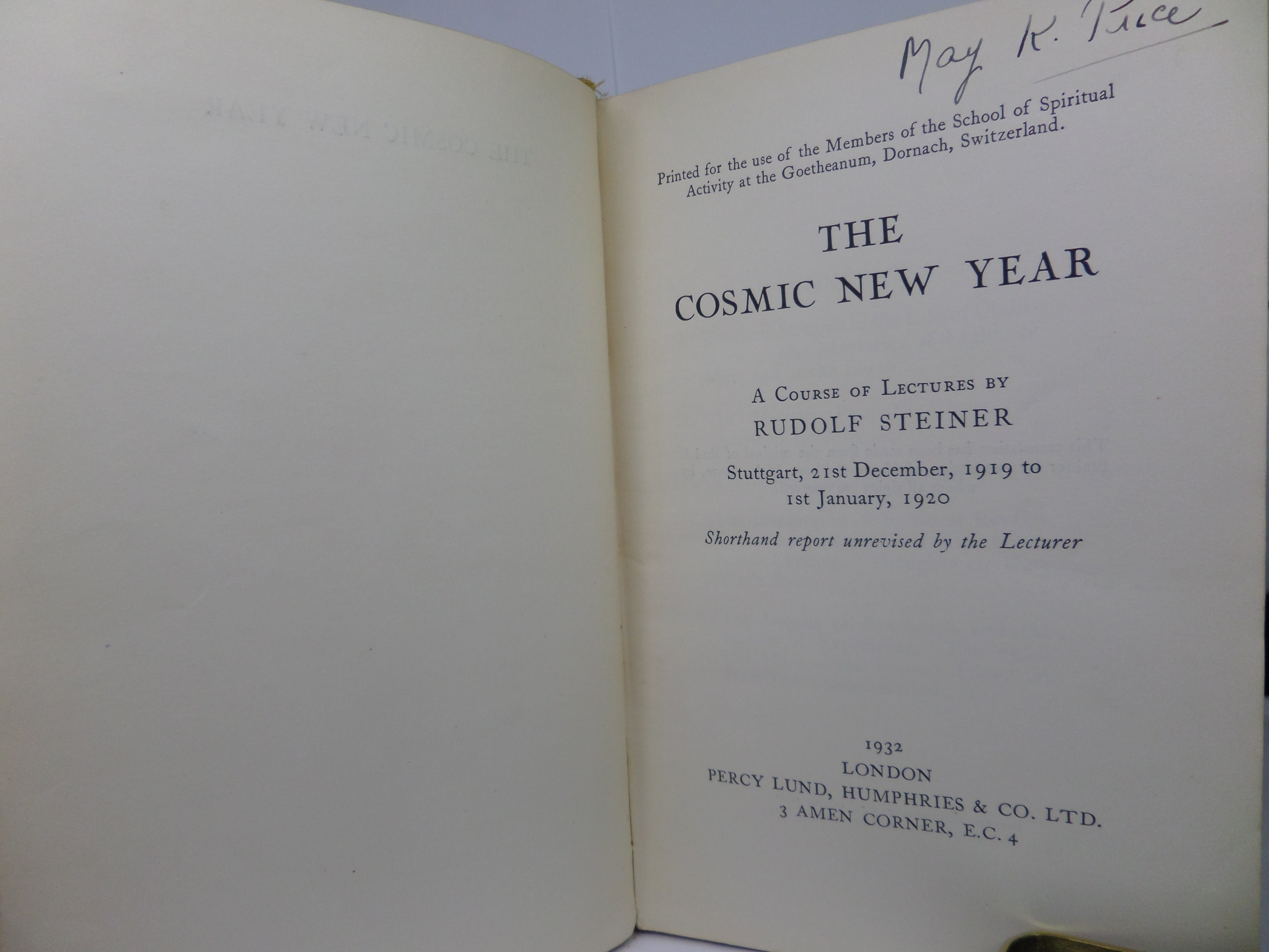 THE COSMIC NEW YEAR: A COURSE OF LECTURES BY RUDOLF STEINER 1932