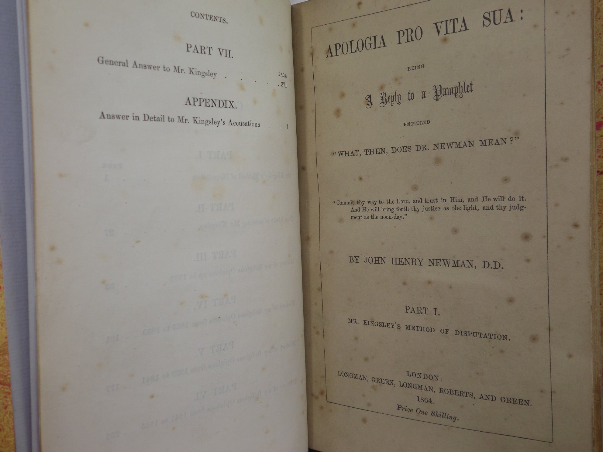 APOLOGIA PRO VITA SUA: BEING A REPLY TO A PAMPHLET... BY JOHN HENRY NEWMAN 1864