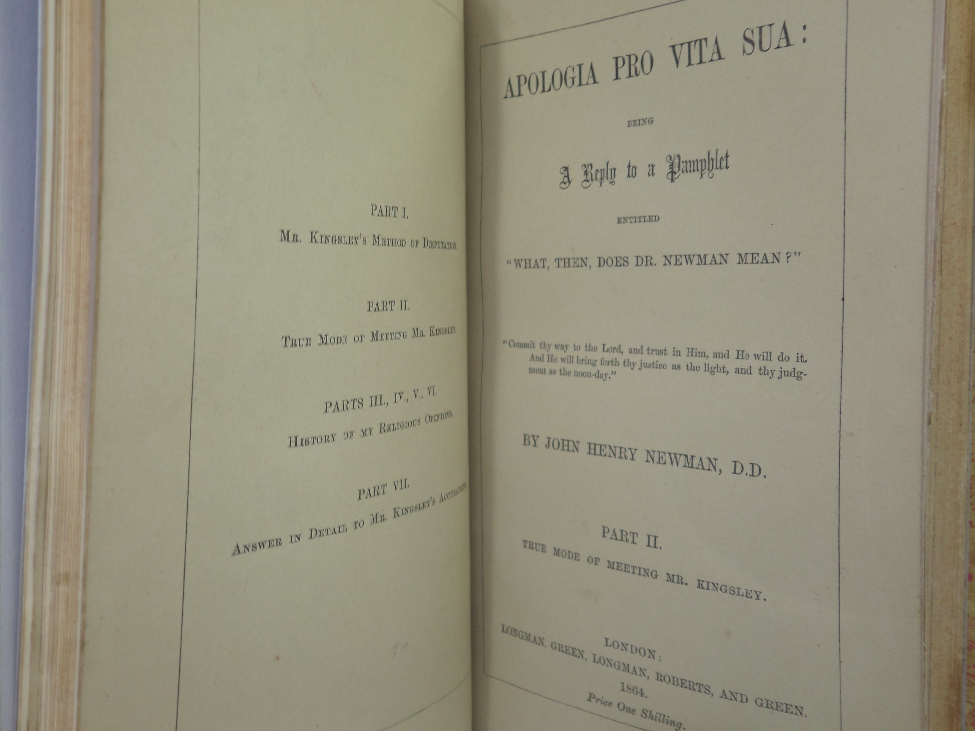 APOLOGIA PRO VITA SUA: BEING A REPLY TO A PAMPHLET... BY JOHN HENRY NEWMAN 1864