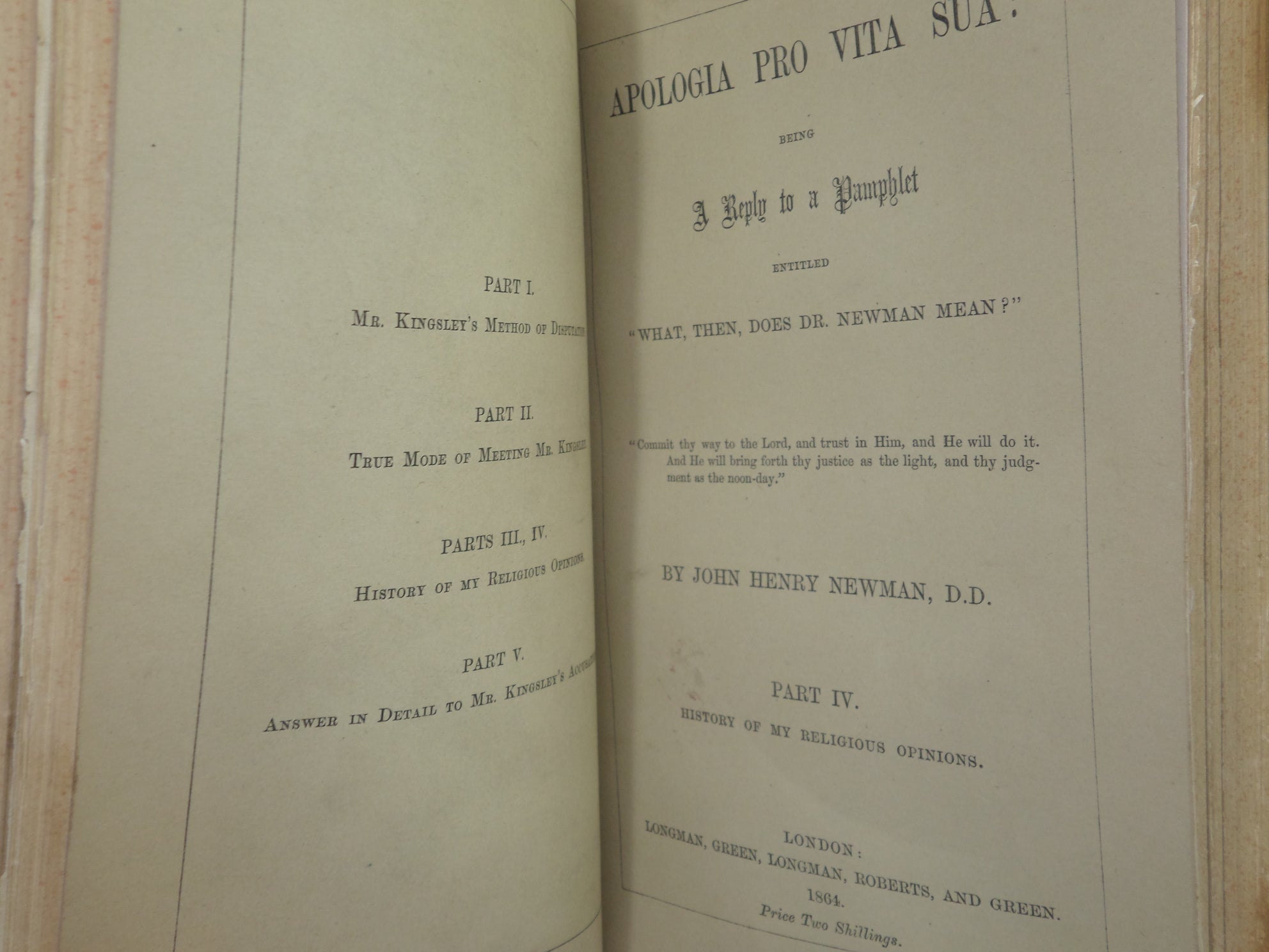 APOLOGIA PRO VITA SUA: BEING A REPLY TO A PAMPHLET... BY JOHN HENRY NEWMAN 1864