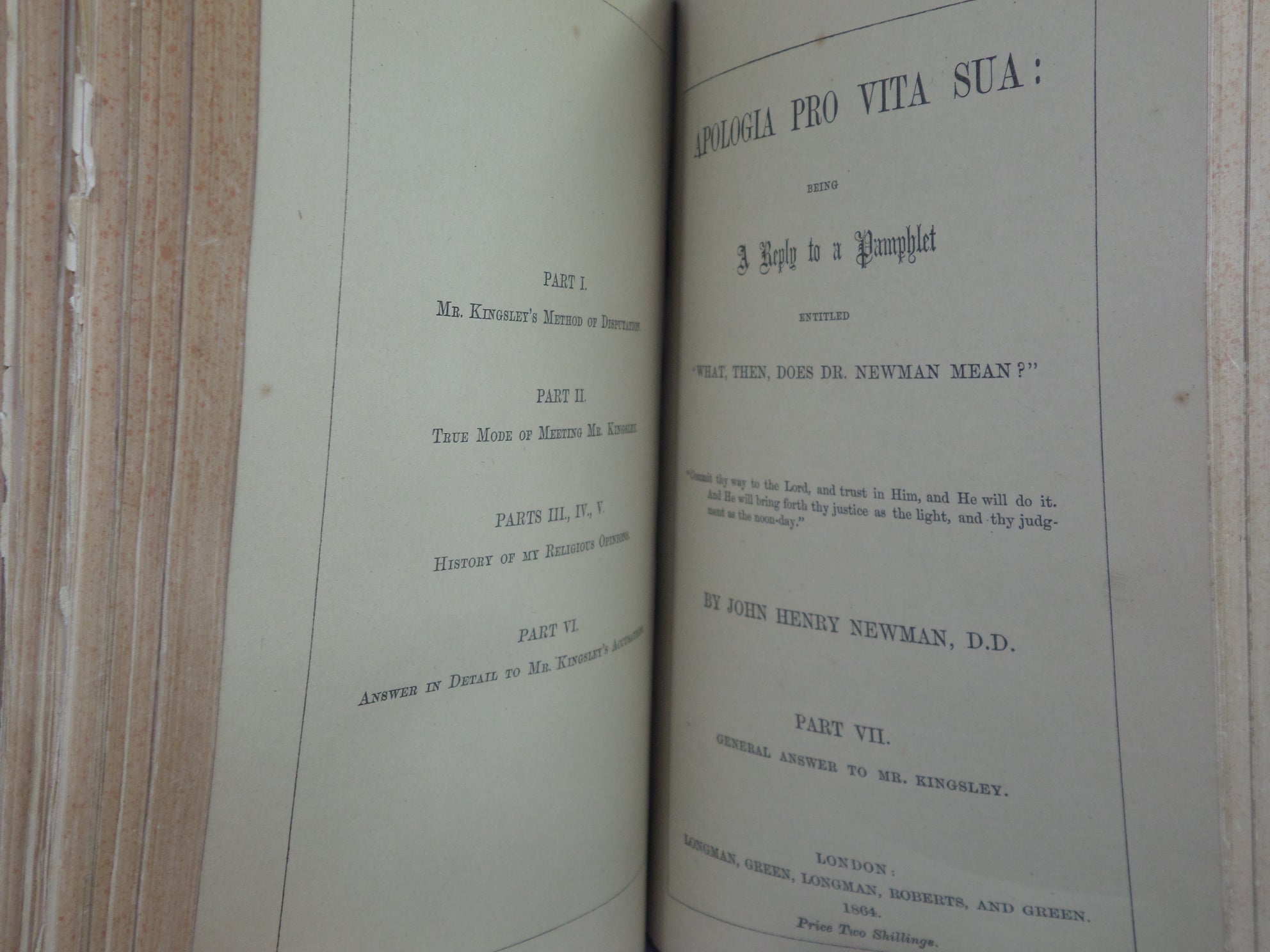 APOLOGIA PRO VITA SUA: BEING A REPLY TO A PAMPHLET... BY JOHN HENRY NEWMAN 1864