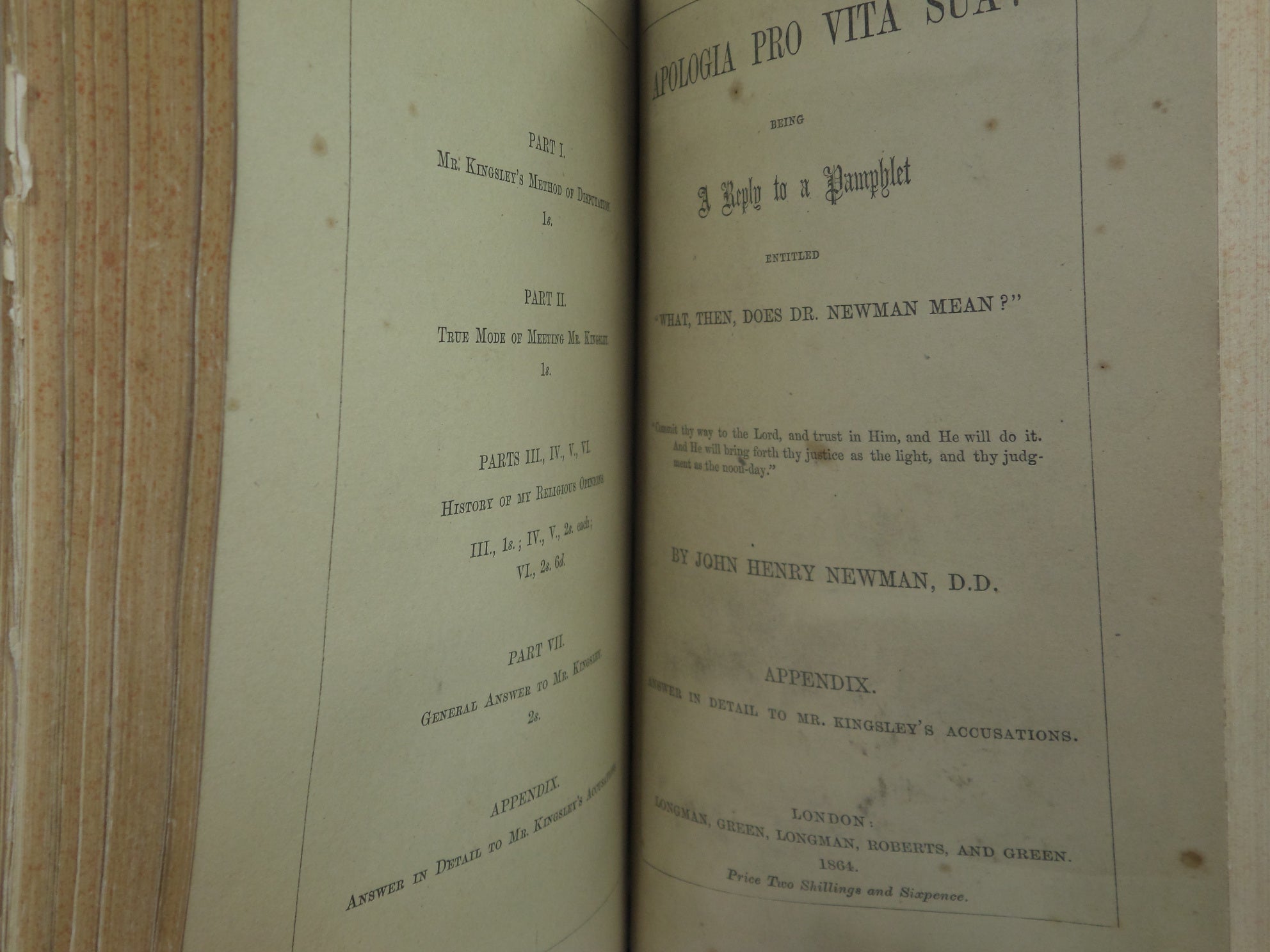 APOLOGIA PRO VITA SUA: BEING A REPLY TO A PAMPHLET... BY JOHN HENRY NEWMAN 1864