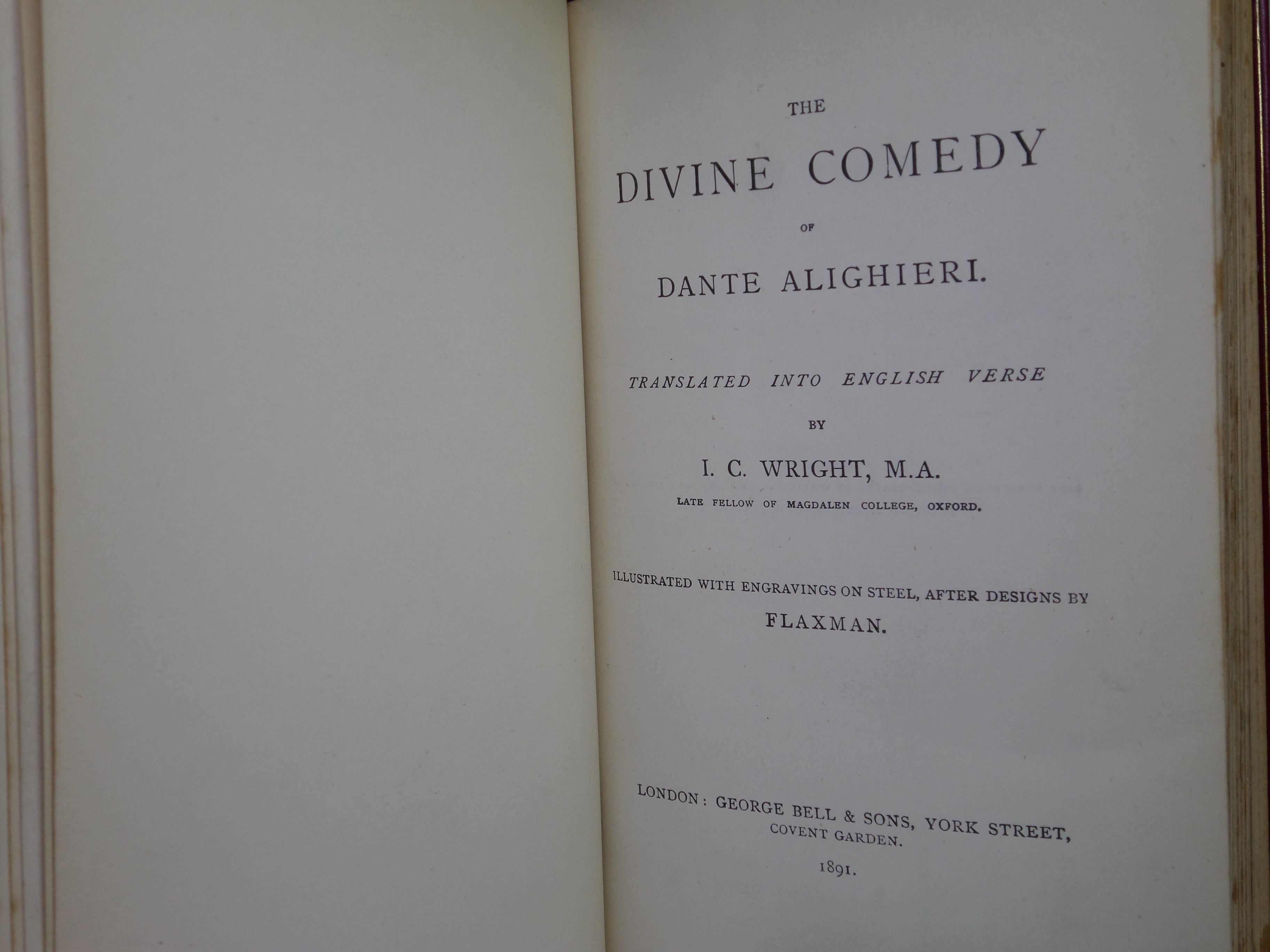 THE DIVINE COMEDY OF DANTE ALIGHIERI 1891 BUMPUS FINE BINDING, FLAXMAN ILLS.