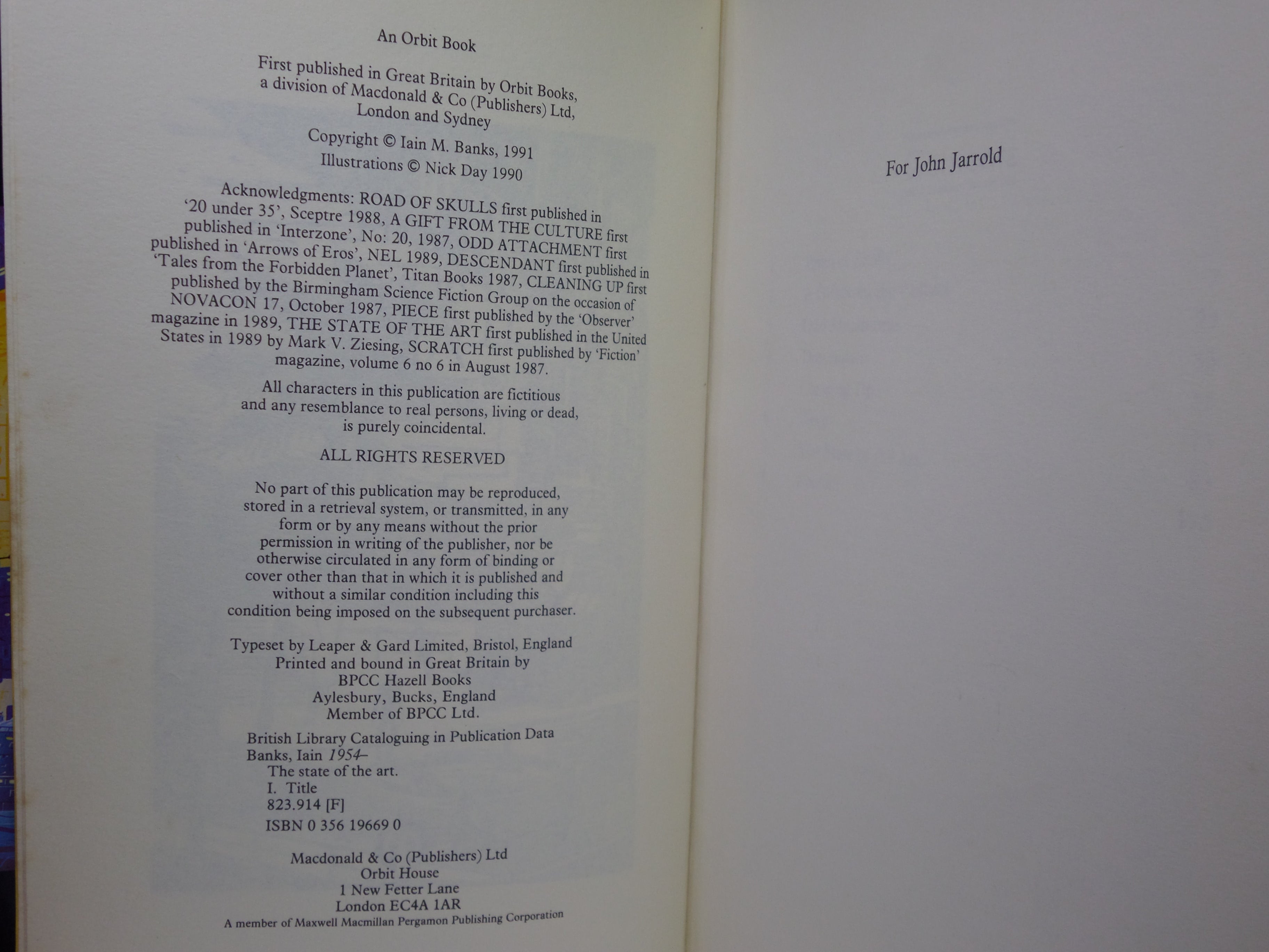 THE STATE OF THE ART BY IAIN M. BANKS 1991 SIGNED FIRST EDITION