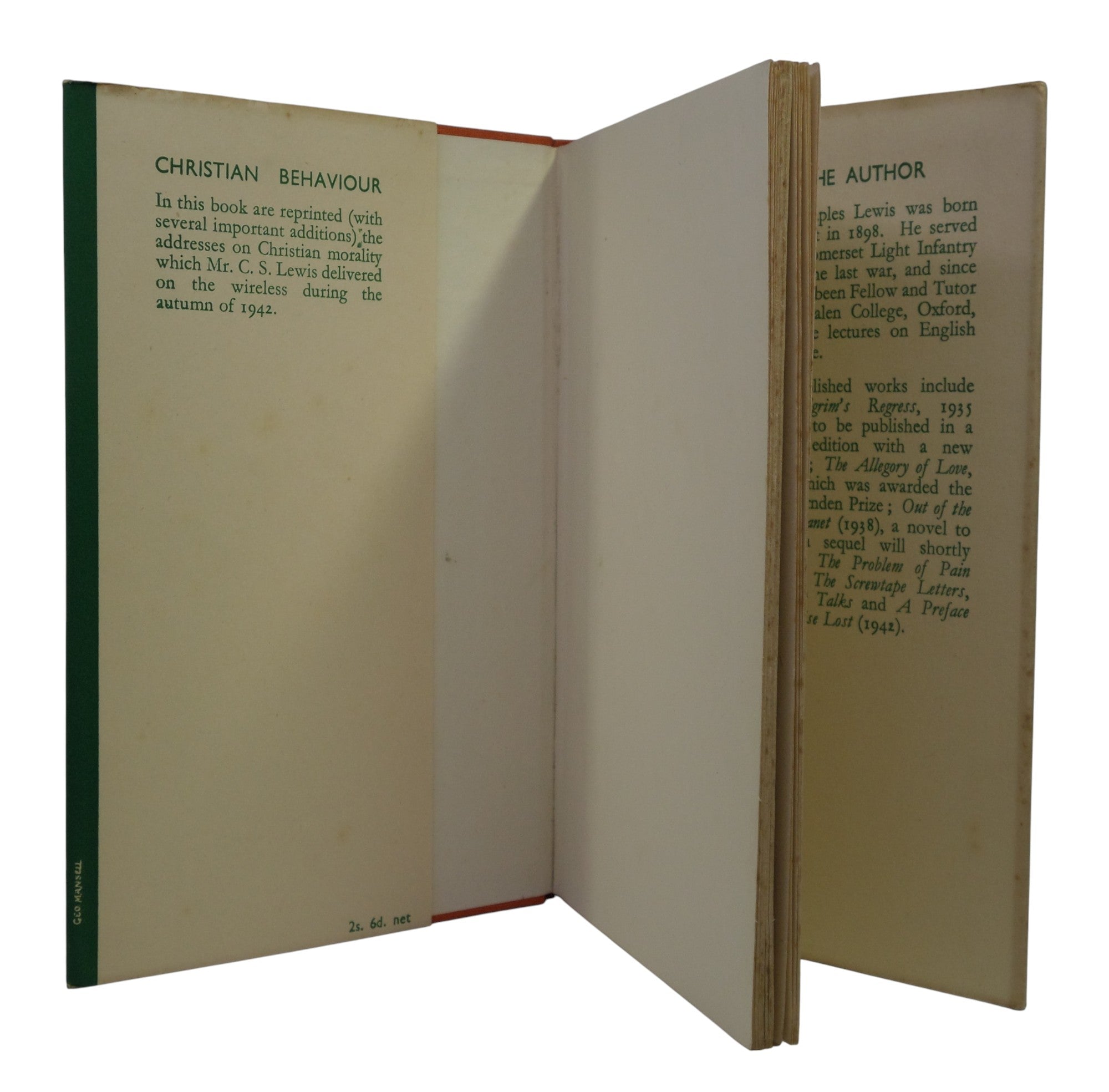 CHRISTIAN BEHAVIOUR BY C. S. LEWIS 1943 FIRST EDITION
