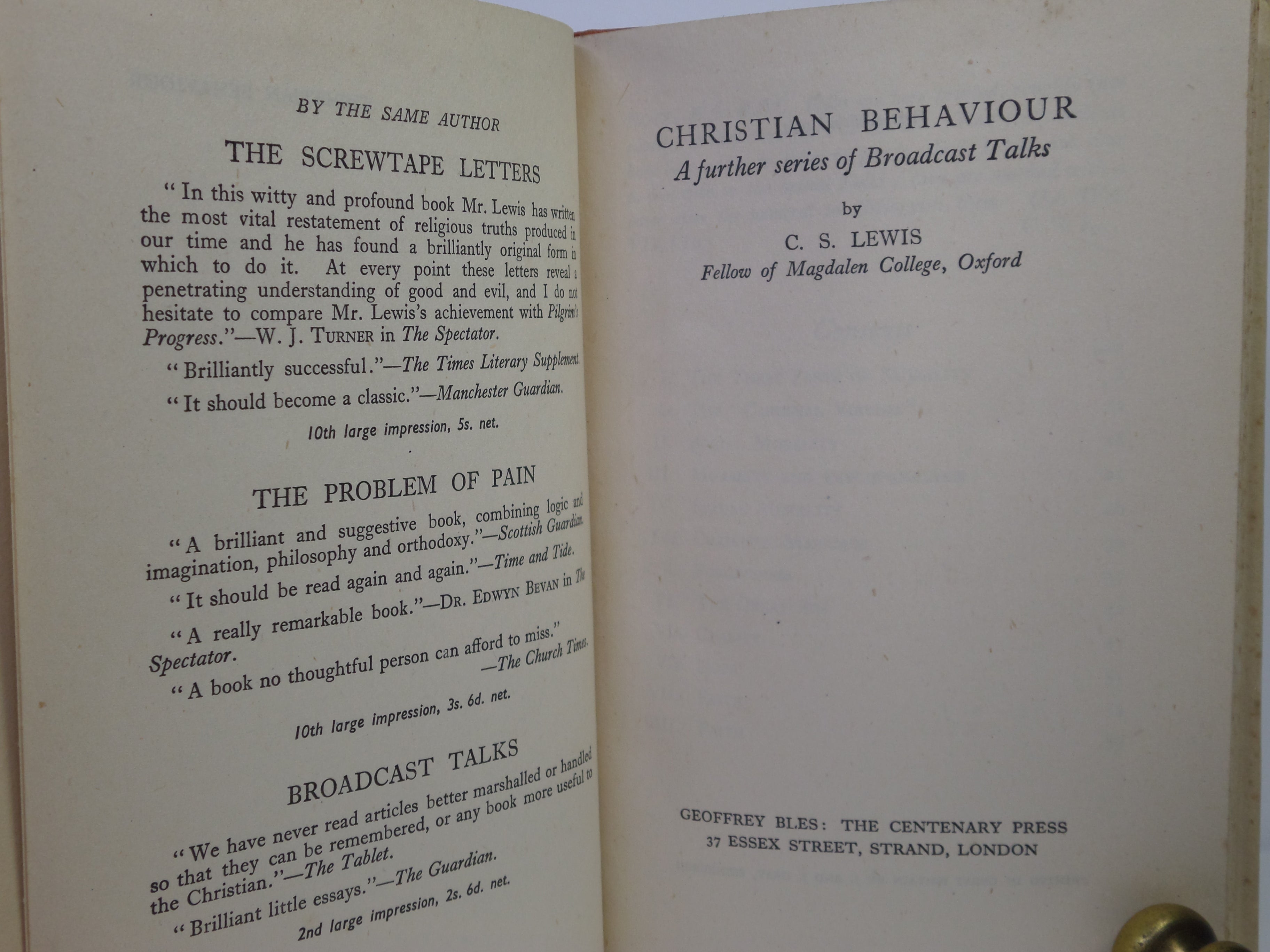 CHRISTIAN BEHAVIOUR BY C. S. LEWIS 1943 FIRST EDITION