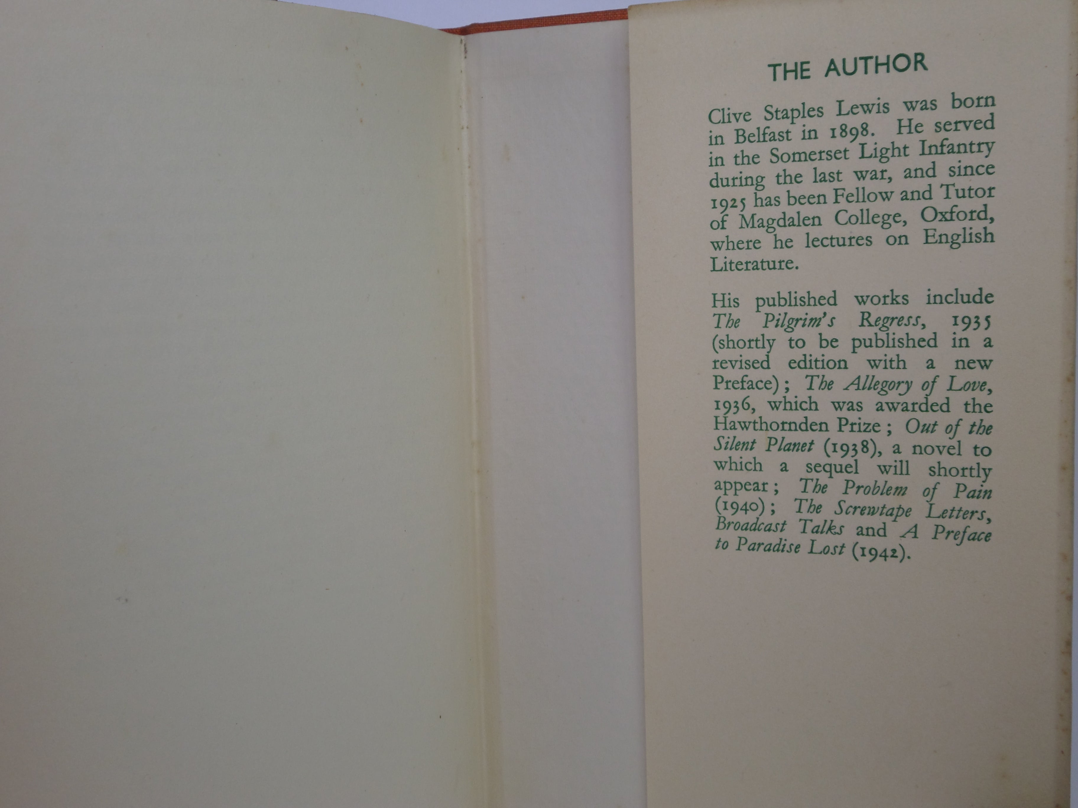 CHRISTIAN BEHAVIOUR BY C. S. LEWIS 1943 FIRST EDITION