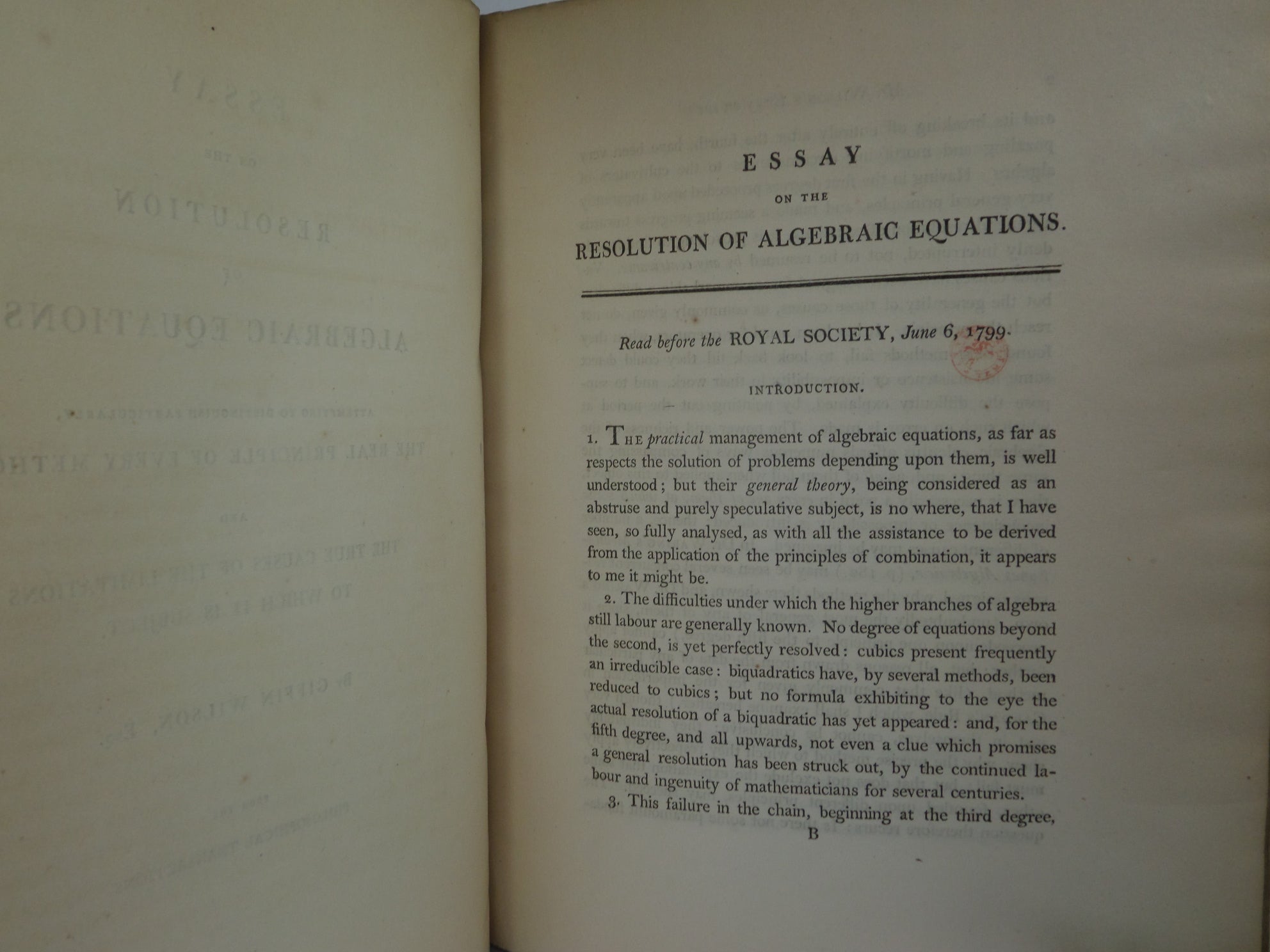 ESSAY ON THE RESOLUTION OF ALGEBRAIC EQUATIONS BY GRIFFIN WILSON 1799