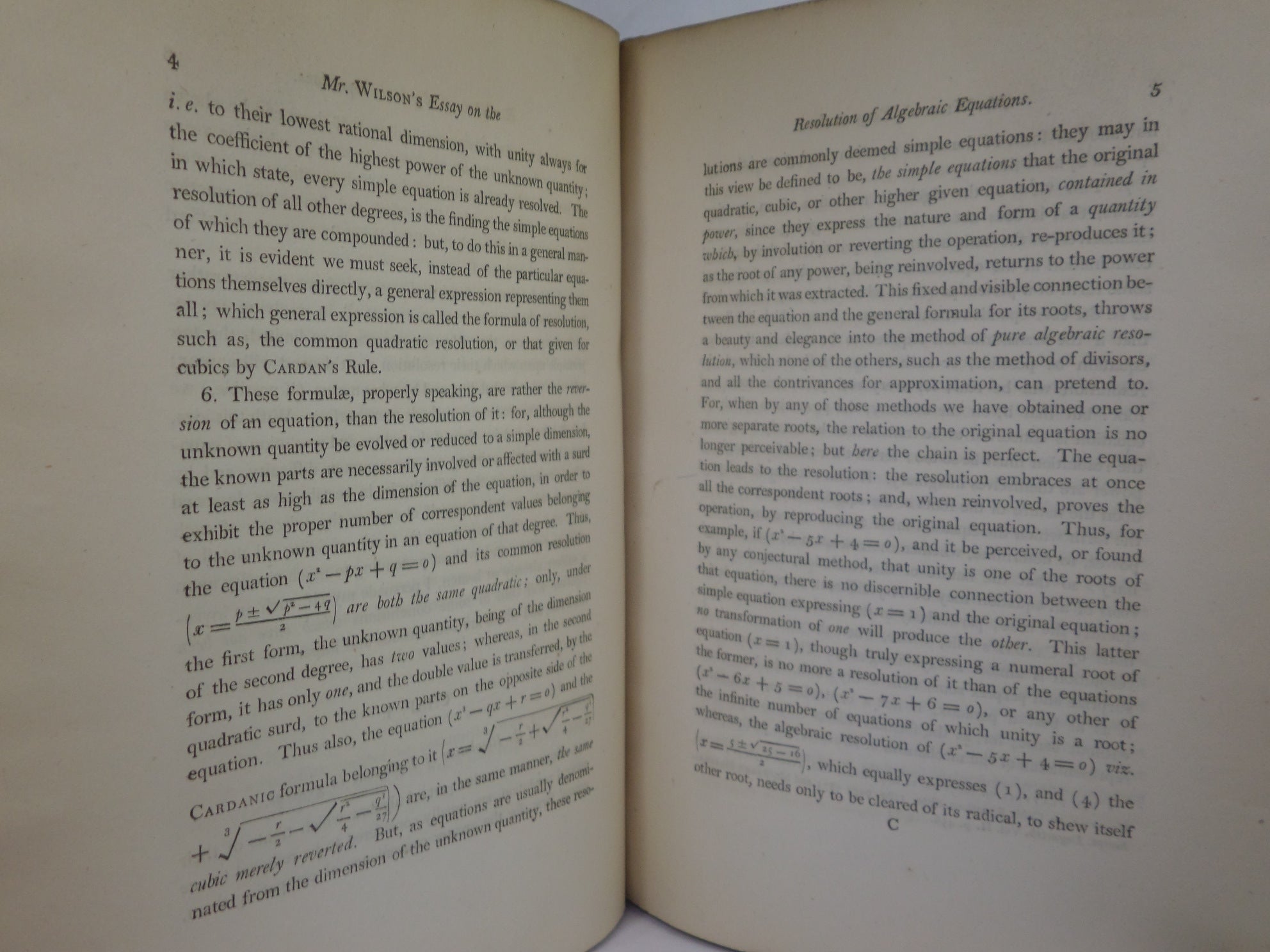 ESSAY ON THE RESOLUTION OF ALGEBRAIC EQUATIONS BY GRIFFIN WILSON 1799