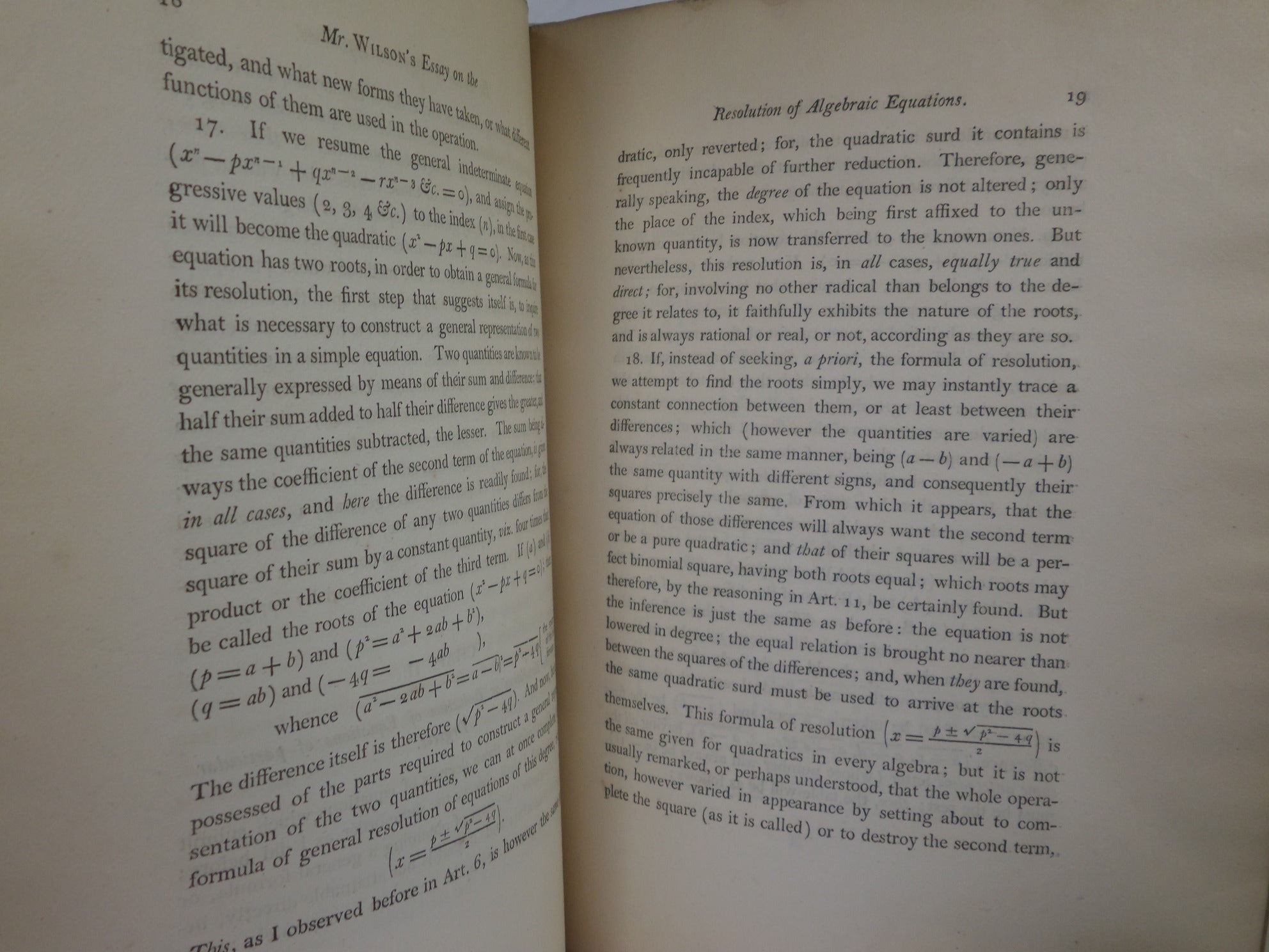 ESSAY ON THE RESOLUTION OF ALGEBRAIC EQUATIONS BY GRIFFIN WILSON 1799