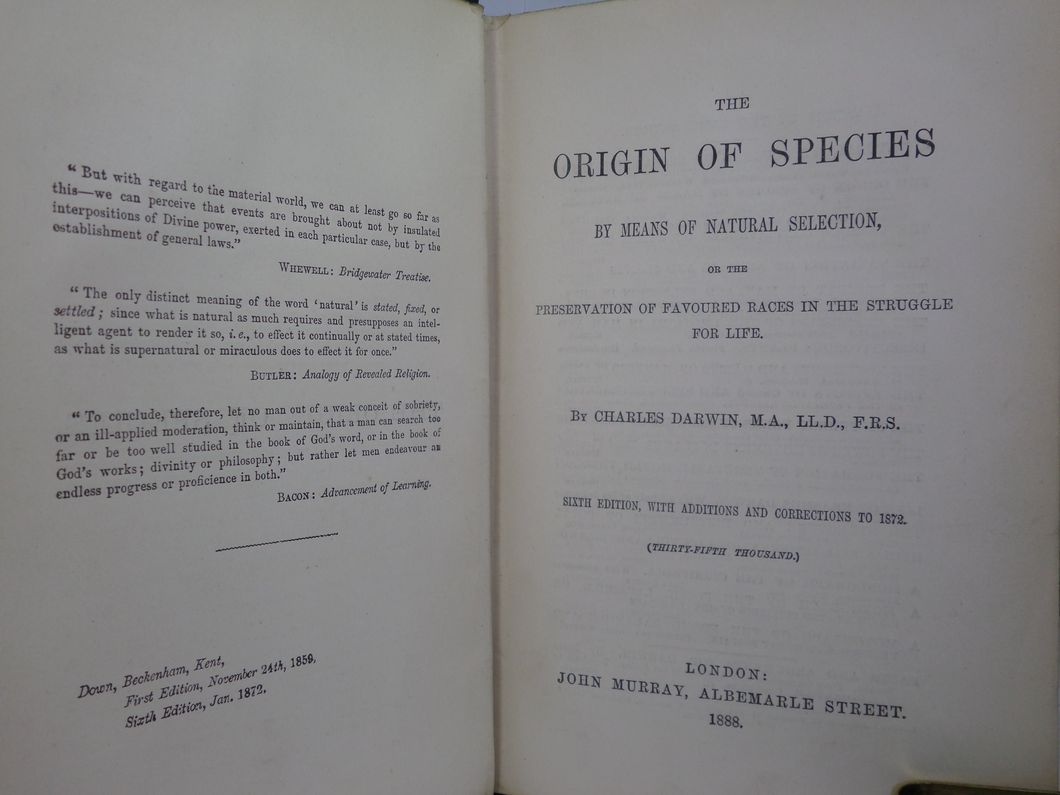 THE ORIGIN OF SPECIES BY MEANS OF NATURAL SELECTION BY CHARLES DARWIN 1888