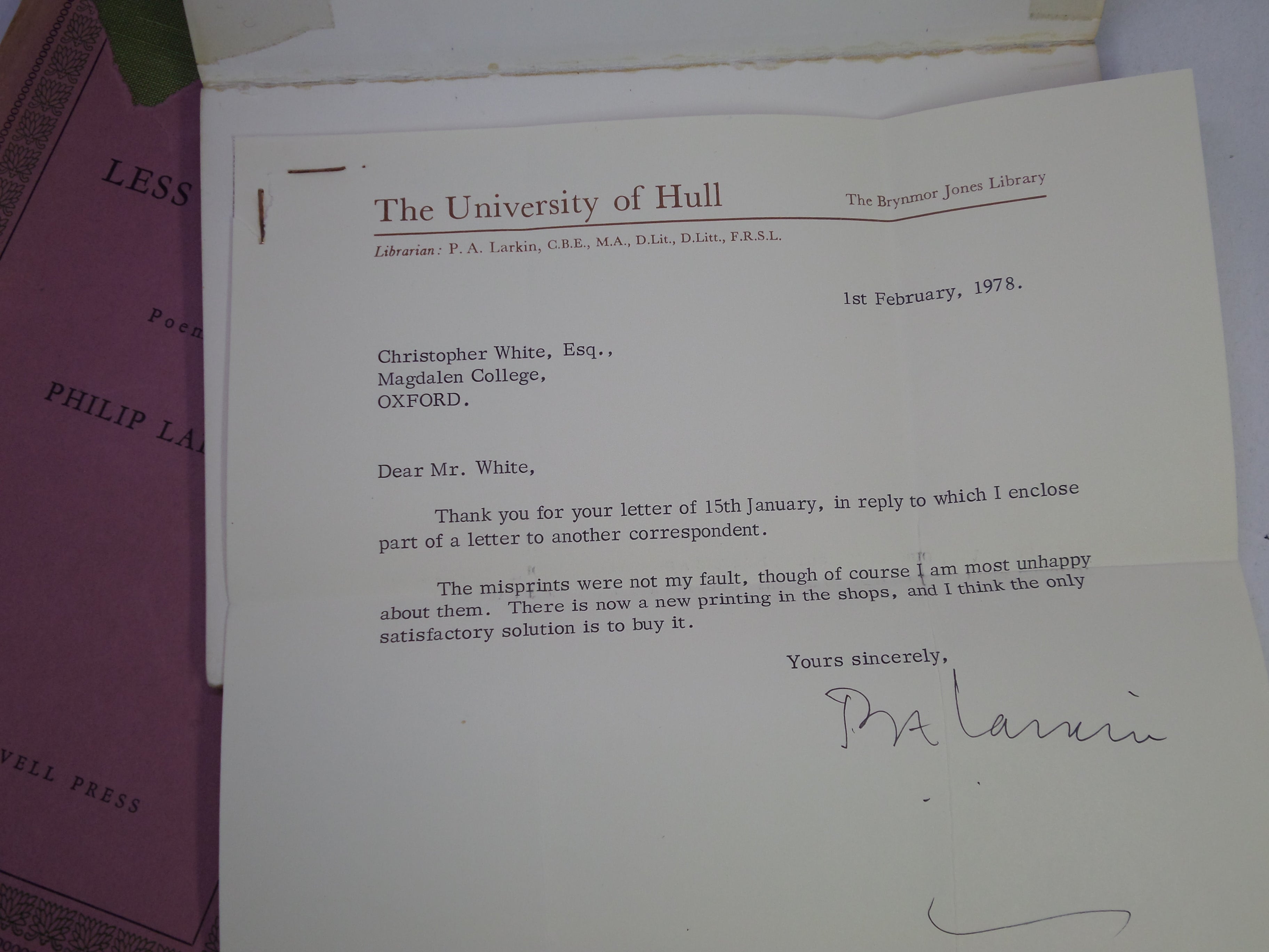 THE LESS DECEIVED WITH TYPED LETTER SIGNED BY PHILIP LARKIN