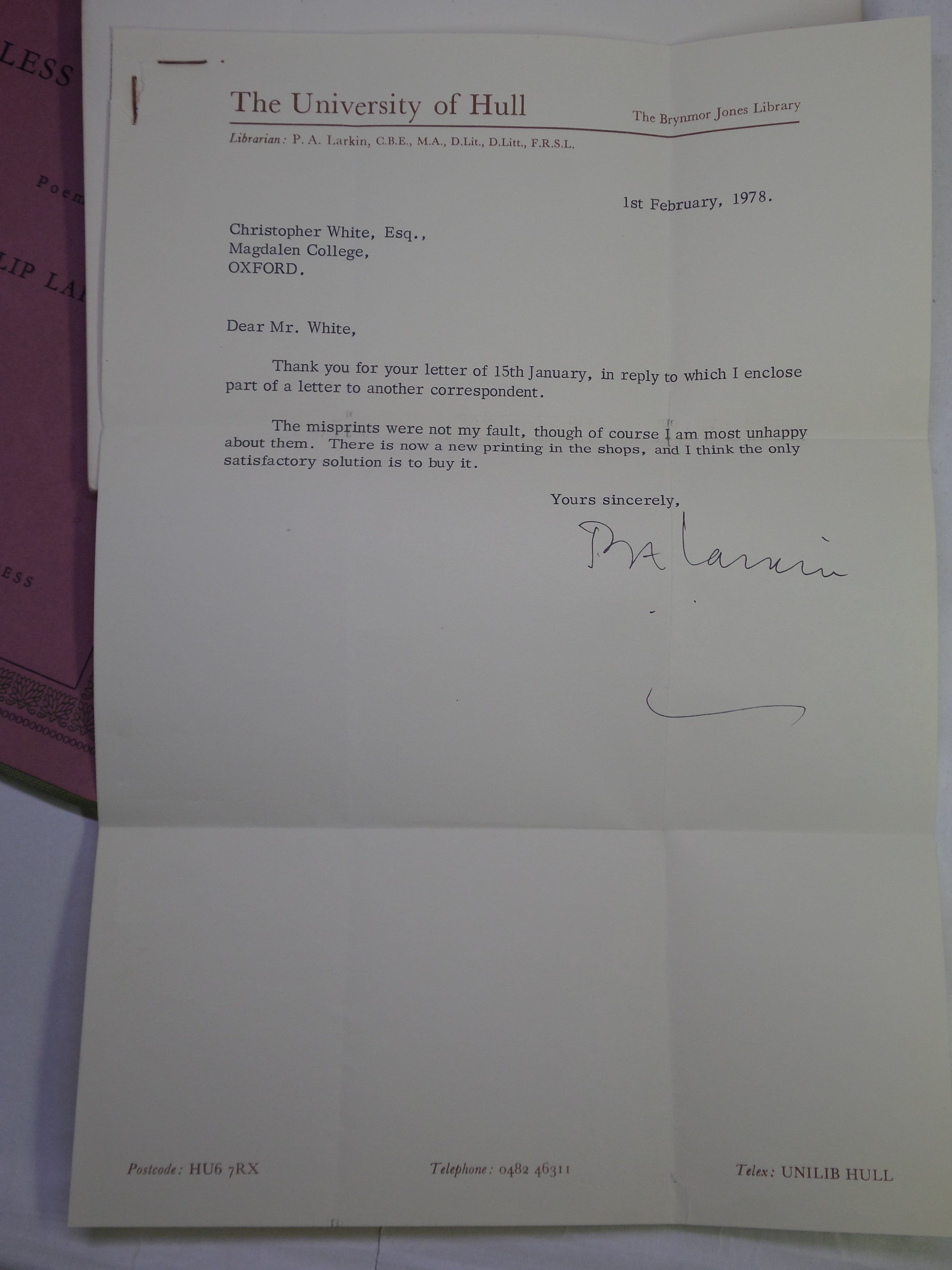 THE LESS DECEIVED WITH TYPED LETTER SIGNED BY PHILIP LARKIN