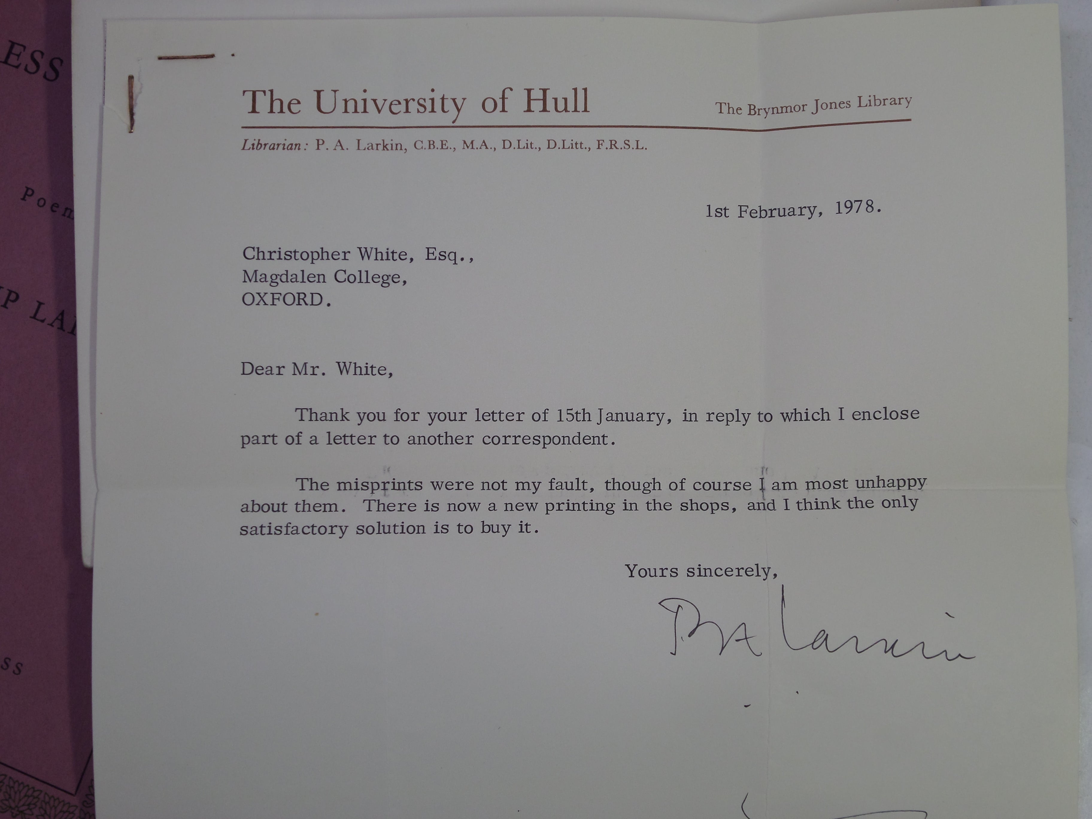 THE LESS DECEIVED WITH TYPED LETTER SIGNED BY PHILIP LARKIN