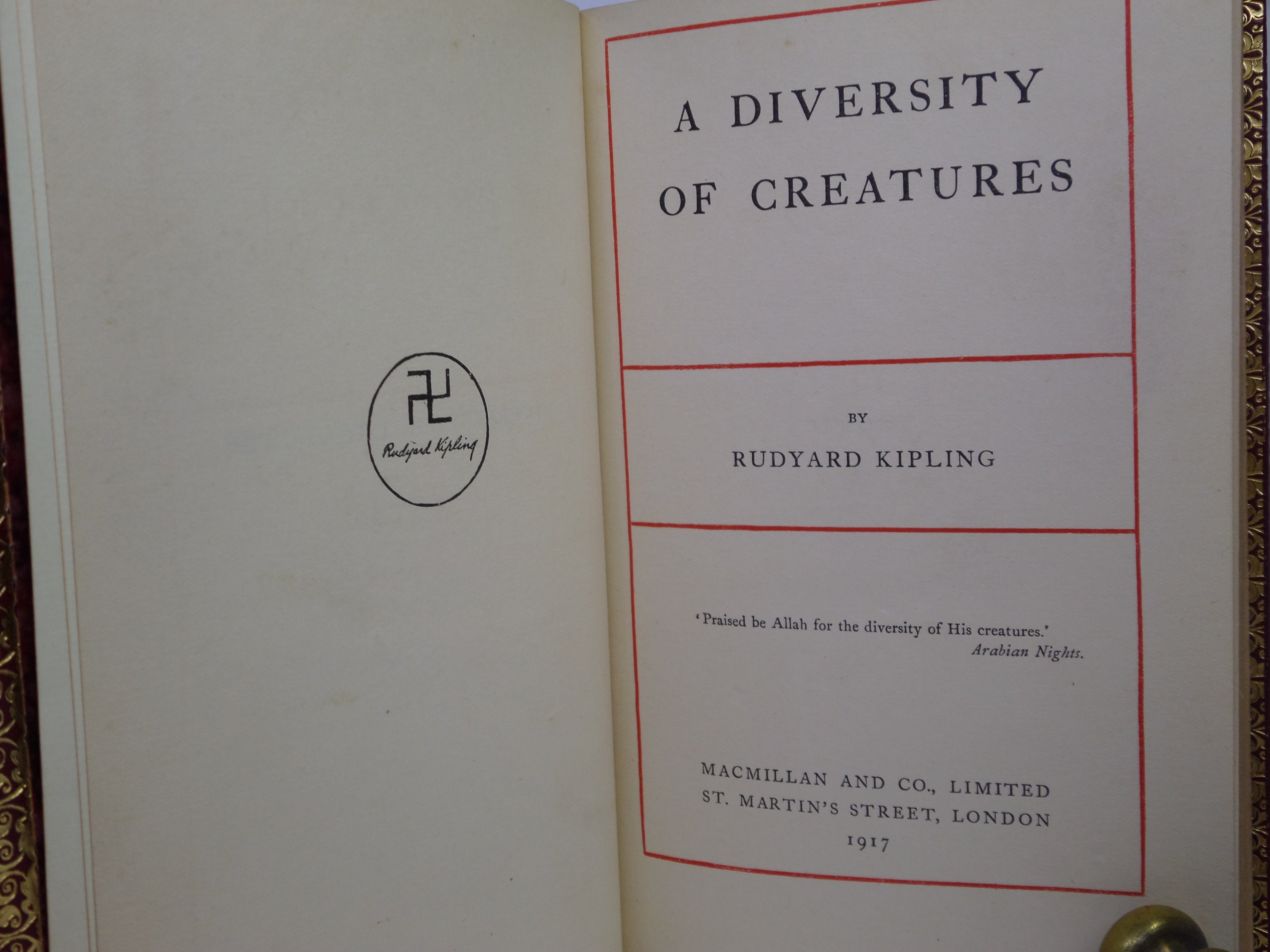 A DIVERSITY OF CREATURES 1917 RUDYARD KIPLING FIRST ED. BAYNTUN RIVIERE BINDING
