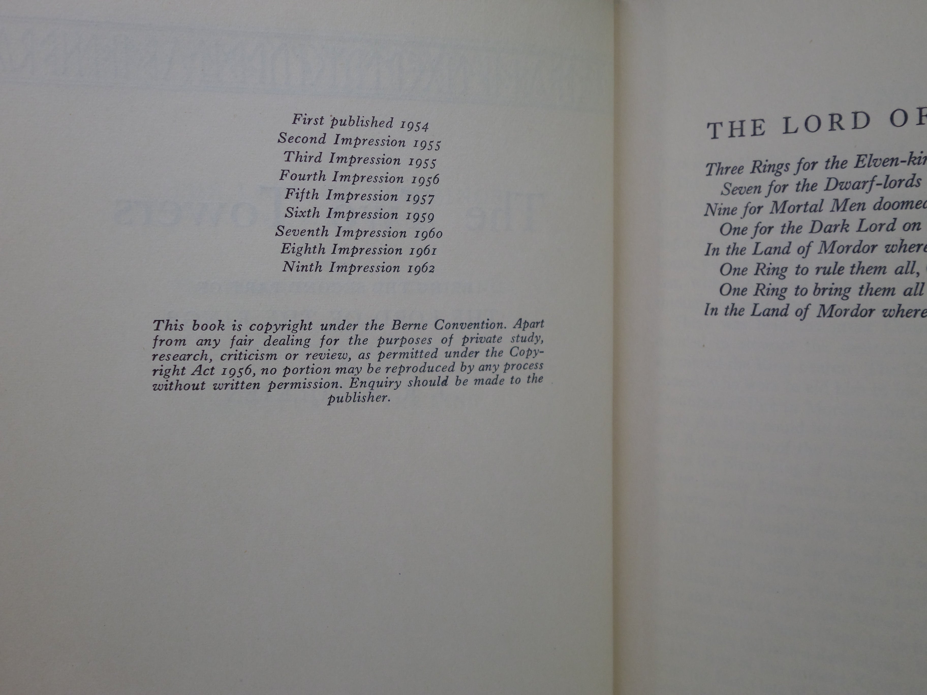 THE TWO TOWERS BY J.R.R. TOLKIEN 1962 FIRST EDITION, NINTH IMPRESSION