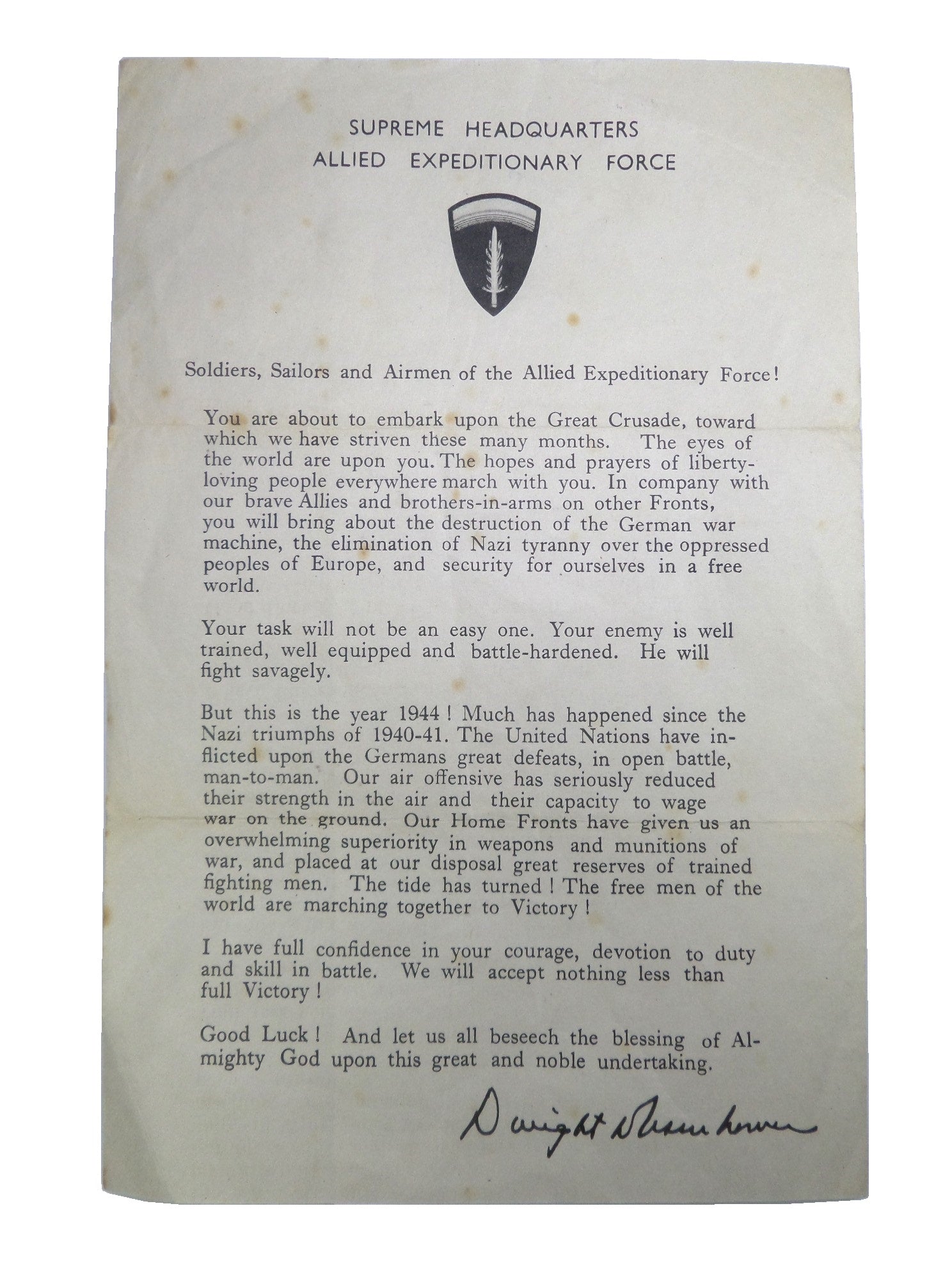 DWIGHT D. EISENHOWER'S ORDER OF THE DAY 6TH JUNE 1944 RARE D-DAY INVASION LETTER