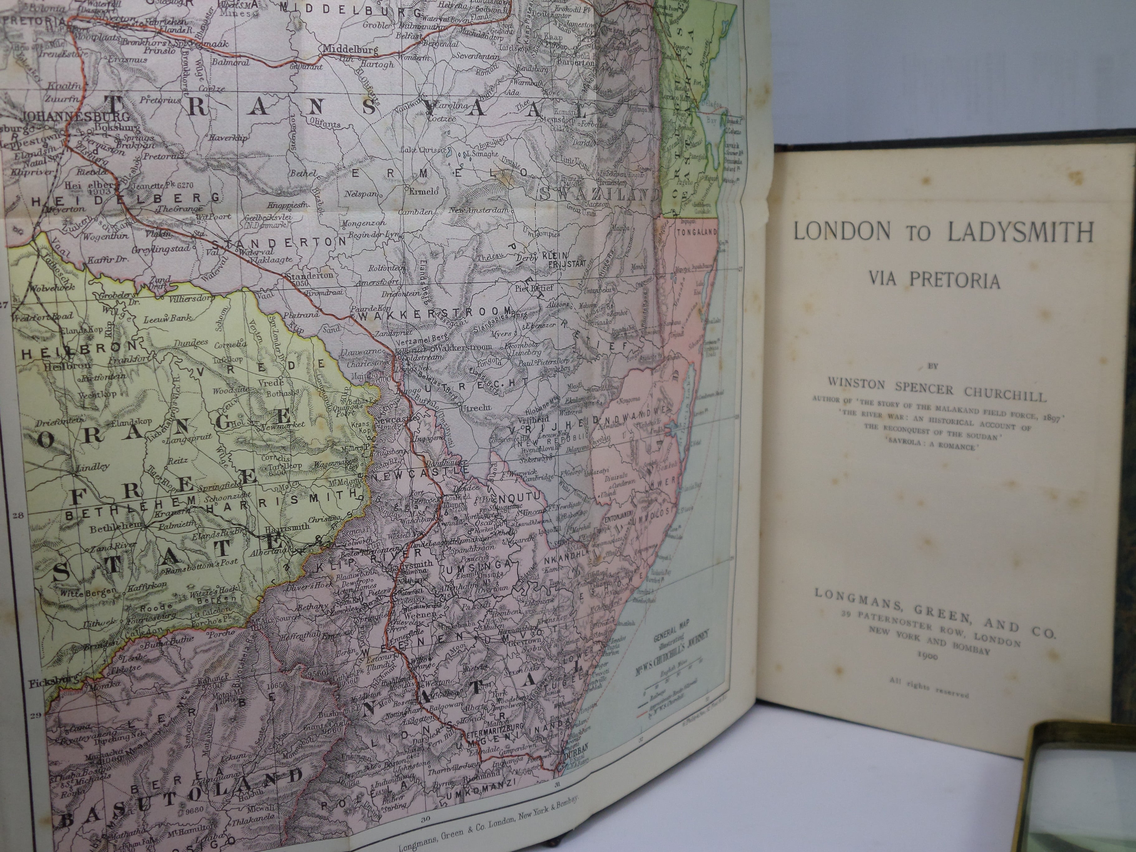 LONDON TO LADYSMITH VIA PRETORIA BY WINSTON SPENCER CHURCHILL 1900 FIRST EDITION LEATHER BOUND BY BICKERS