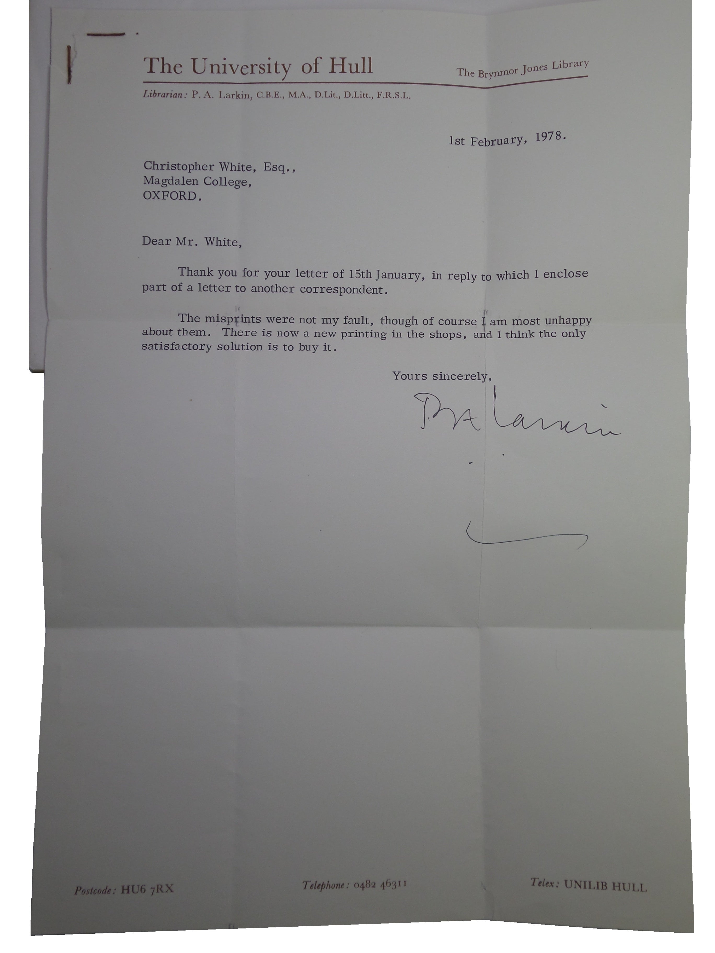 THE LESS DECEIVED WITH TYPED LETTER SIGNED BY PHILIP LARKIN