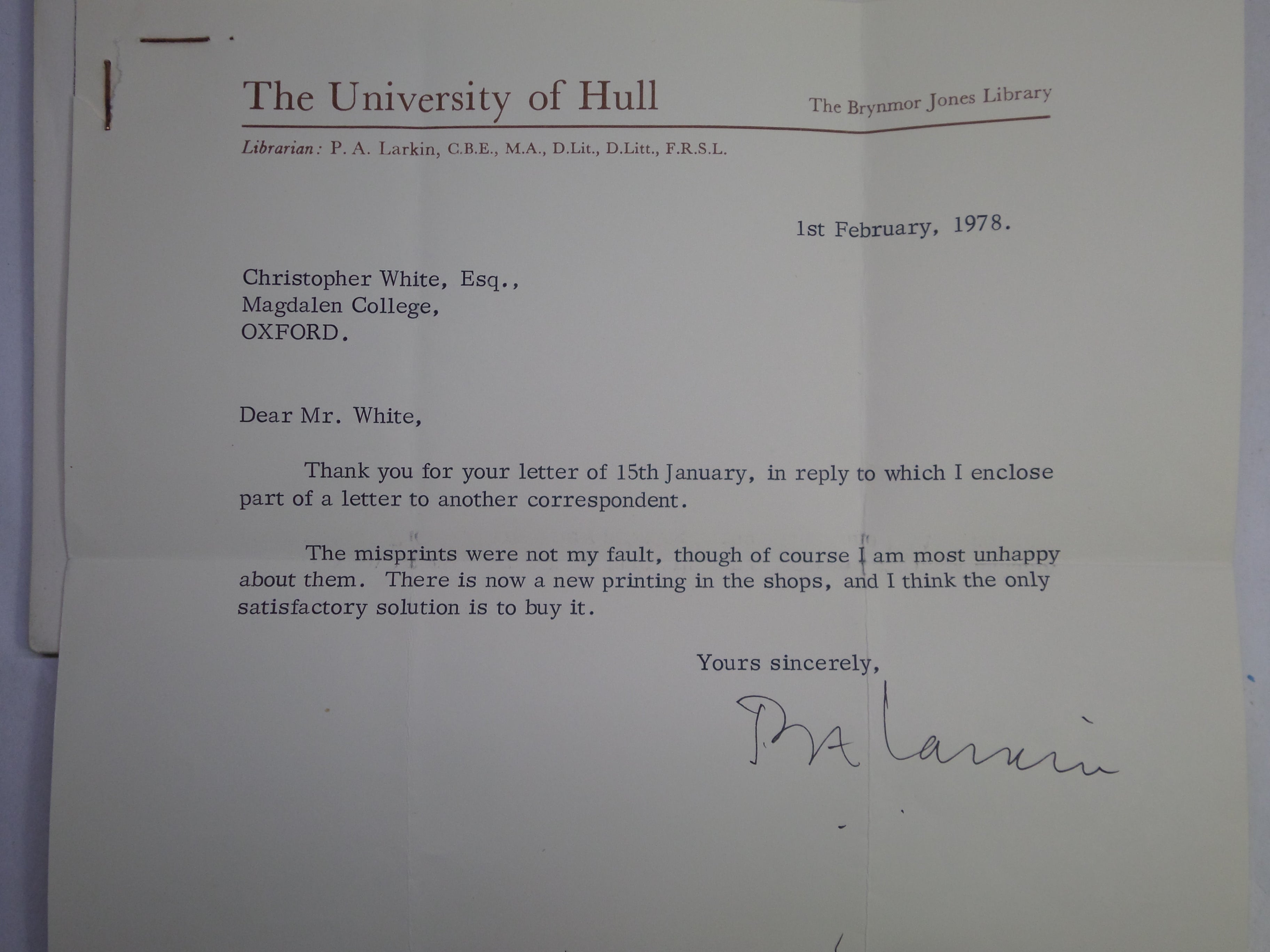 THE LESS DECEIVED WITH TYPED LETTER SIGNED BY PHILIP LARKIN