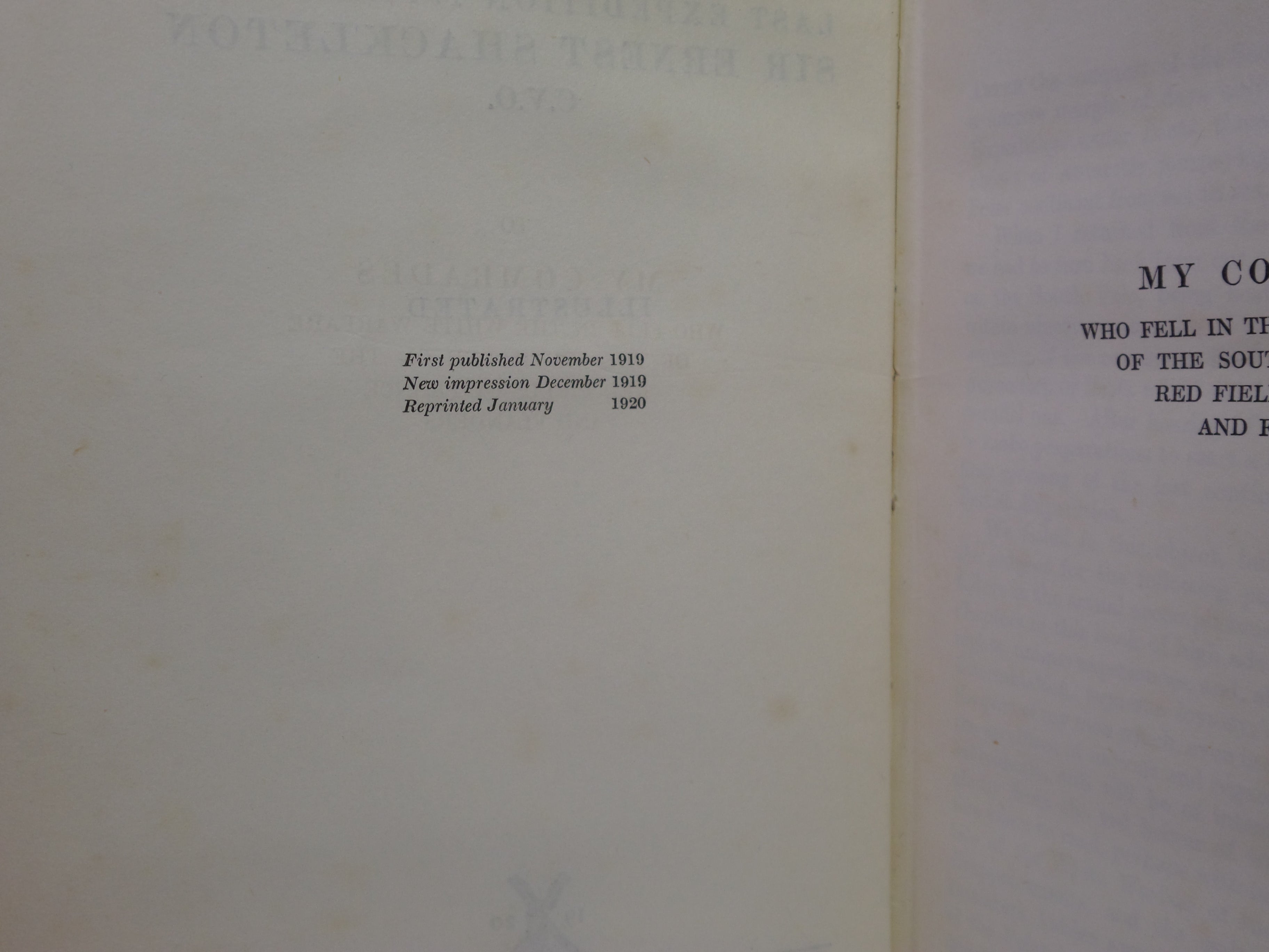 SOUTH: THE STORY OF SHACKLETON'S LAST EXPEDITION 1914-1917 BY ERNEST SHACKLETON 1920