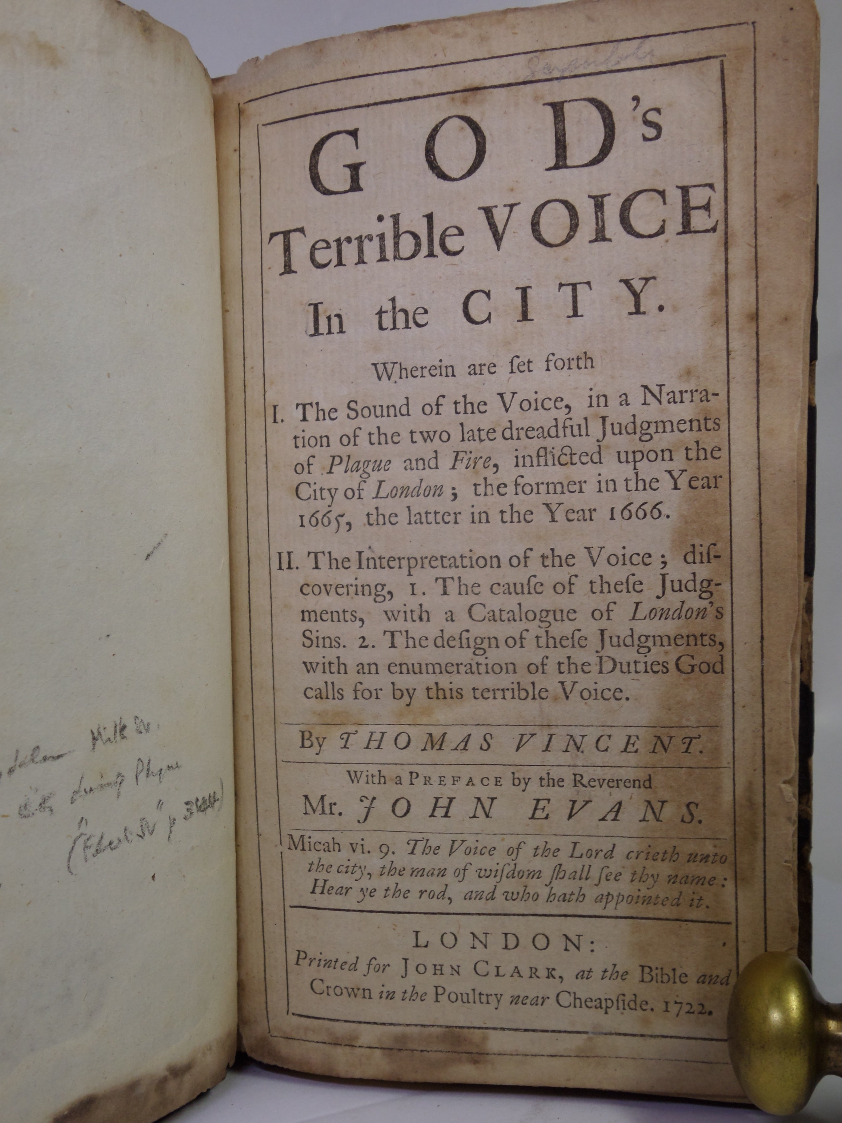GOD'S TERRIBLE VOICE IN THE CITY 1722 THOMAS VINCENT [PLAGUE - GREAT FIRE OF LONDON]