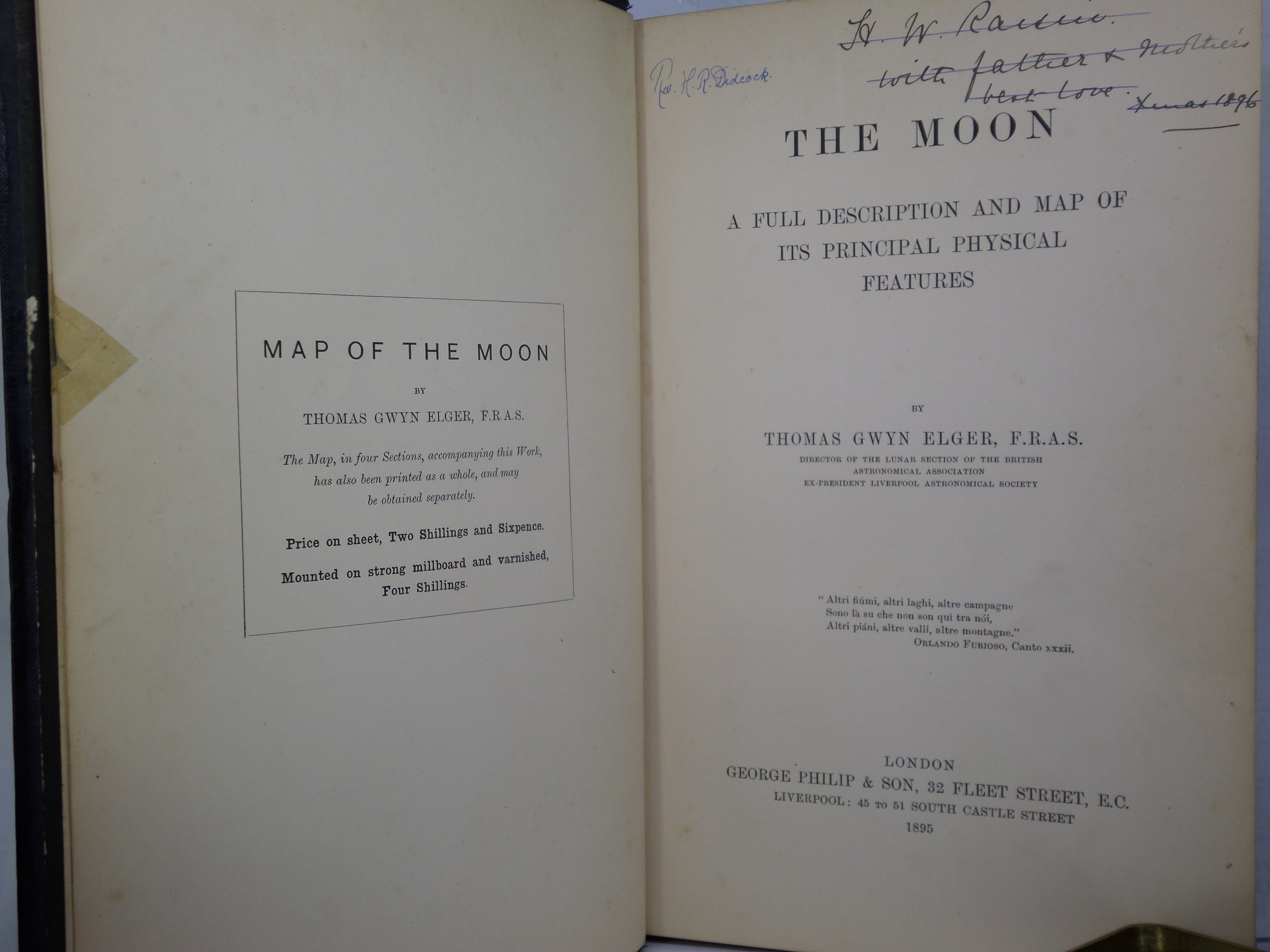 THE MOON: A FULL DESCRIPTION AND MAP OF ITS PRINCIPAL PHYSICAL FEATURES BY THOMAS GWYN ELGER 1895 FIRST EDITION