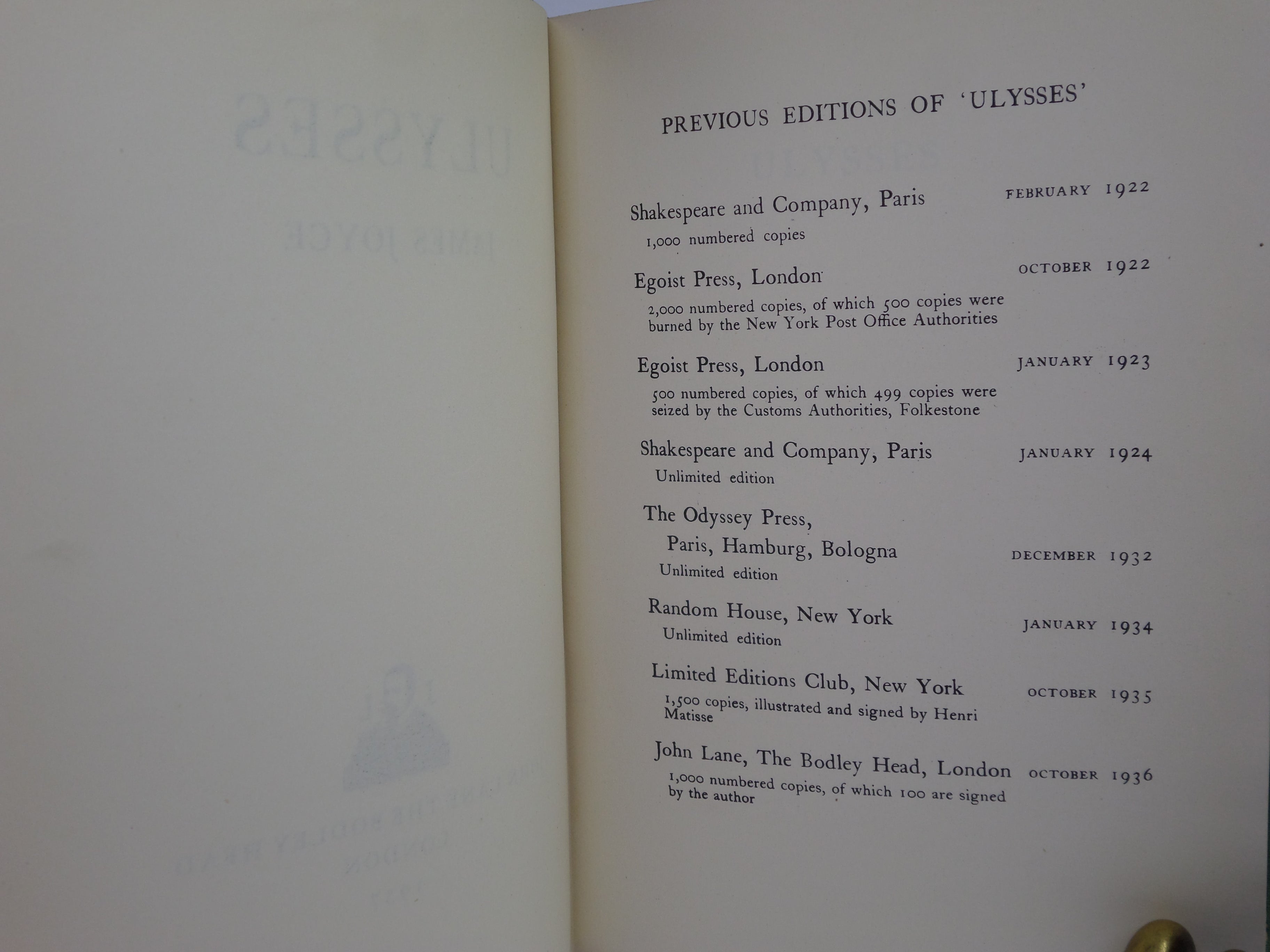 ULYSSES BY JAMES JOYCE 1937 FIRST TRADE EDITION