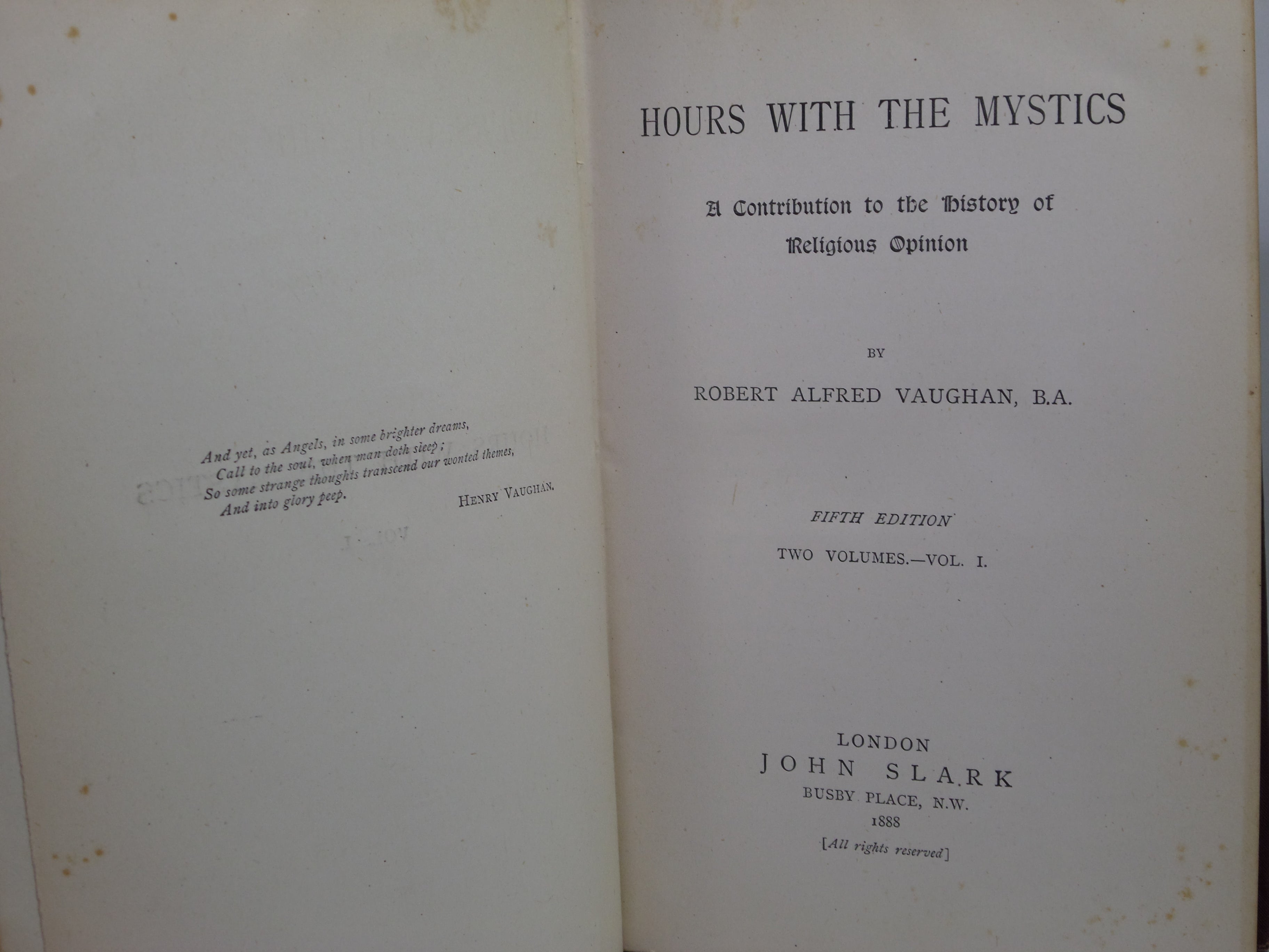 HOURS WITH THE MYSTICS BY ROBERT ALFRED VAUGHAN 1888 FIFTH EDITION