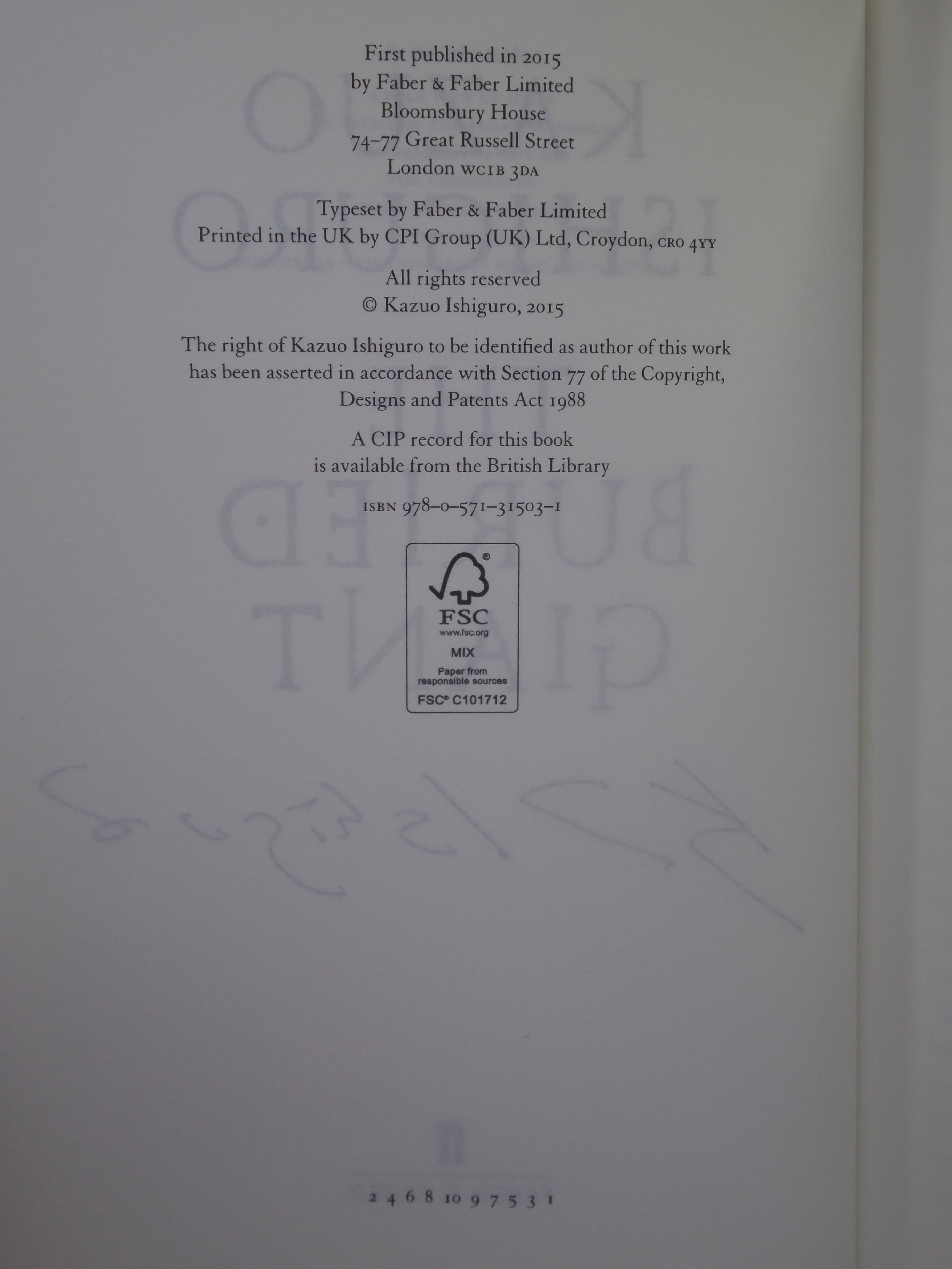 THE BURIED GIANT BY KAZUO ISHIGURO 2015 SIGNED FIRST EDITION