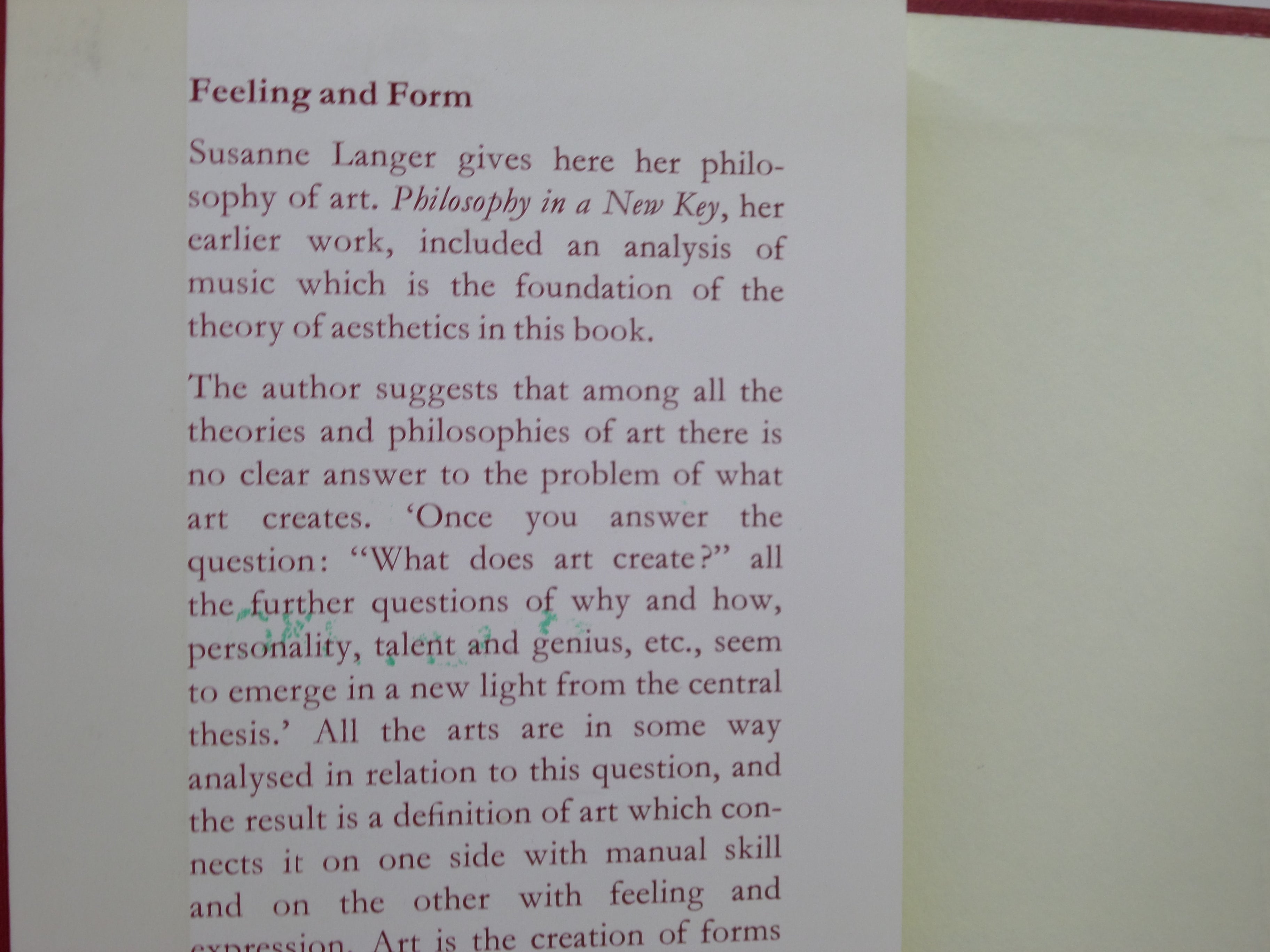 FEELING AND FORM: A THEORY OF ART BY SUSANNE K. LANGER 1979