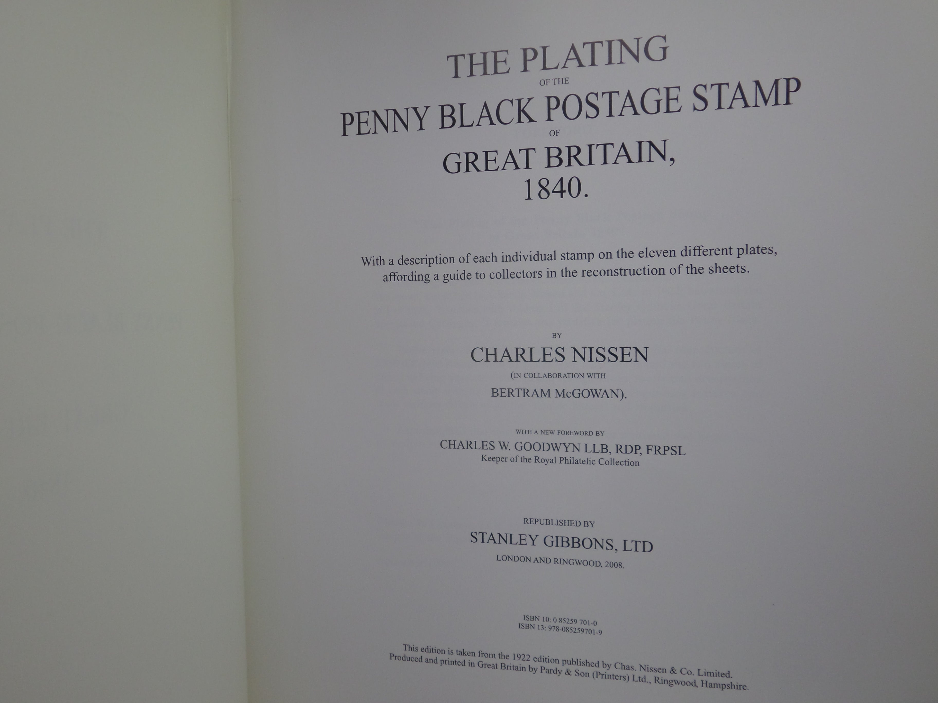 THE PLATING OF THE PENNY BLACK POSTAGE STAMP OF GREAT BRITAIN 1840 BY CHARLES NISSEN